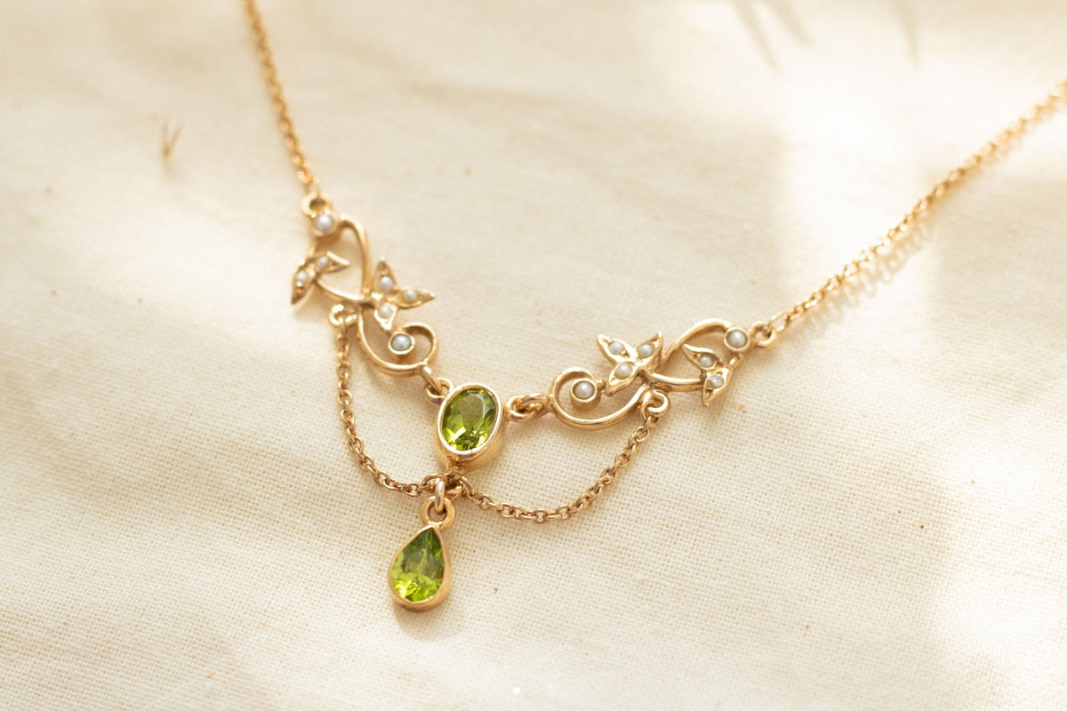 Jugendstilkette Peridot und Halbperlen 925 Silber Roségold vergoldet
