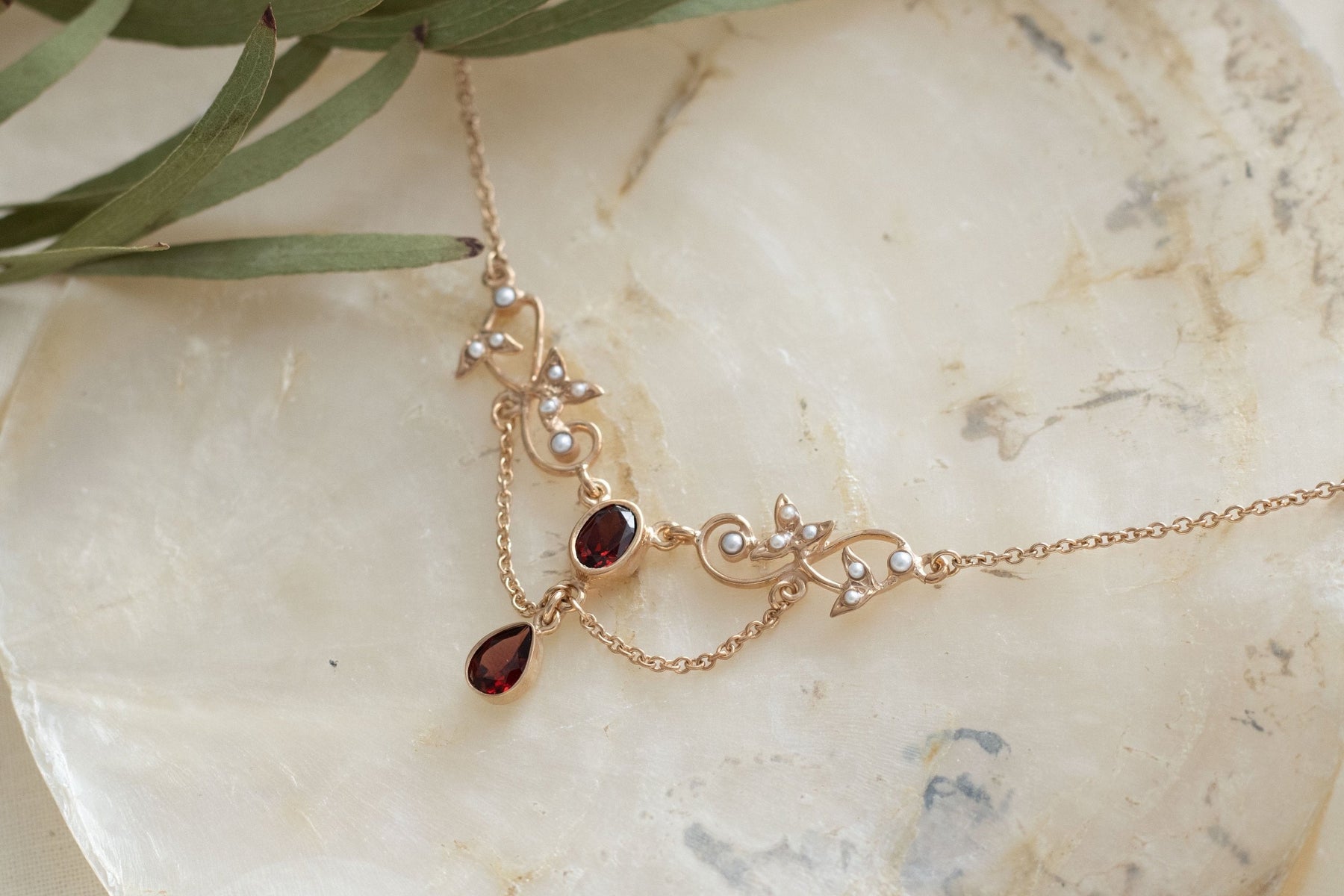 Jugendstilkette Peridot und Halbperlen 925 Silber Roségold vergoldet