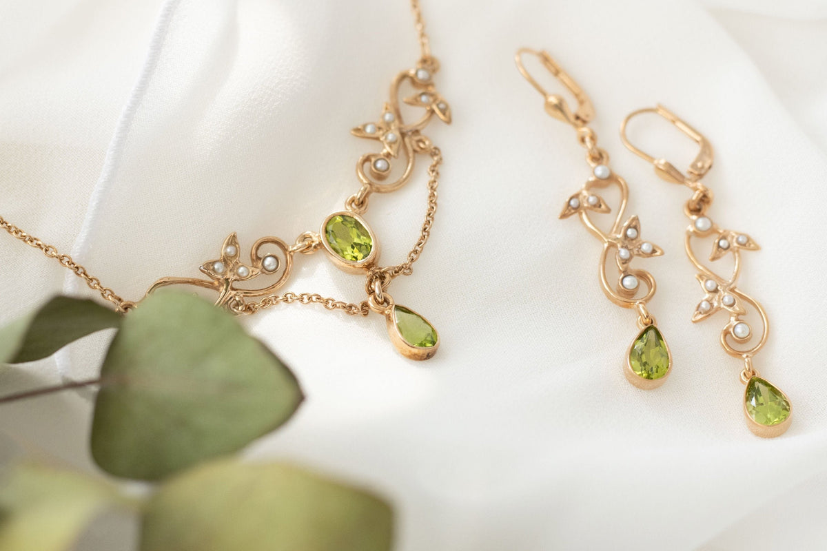 Jugendstilkette Peridot und Halbperlen 925 Silber Roségold vergoldet