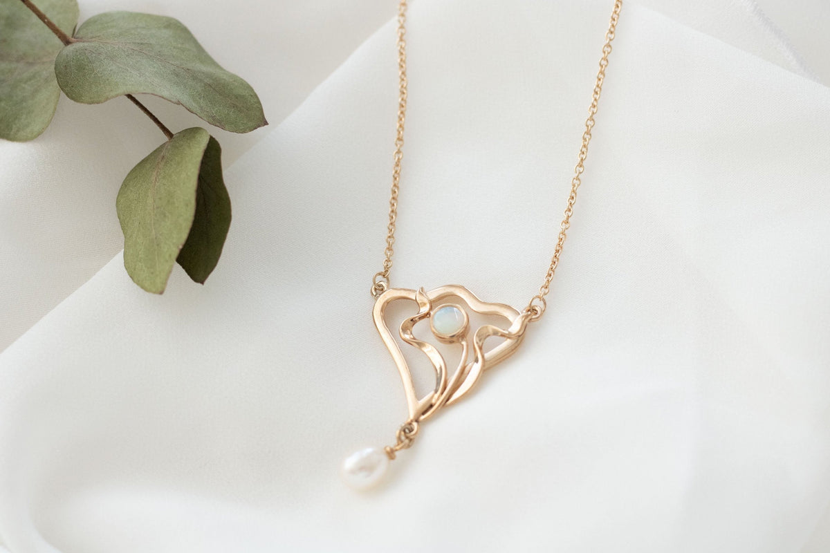 Jugendstilkette Opal Süßwasserperle aus 925 Silber vergoldet