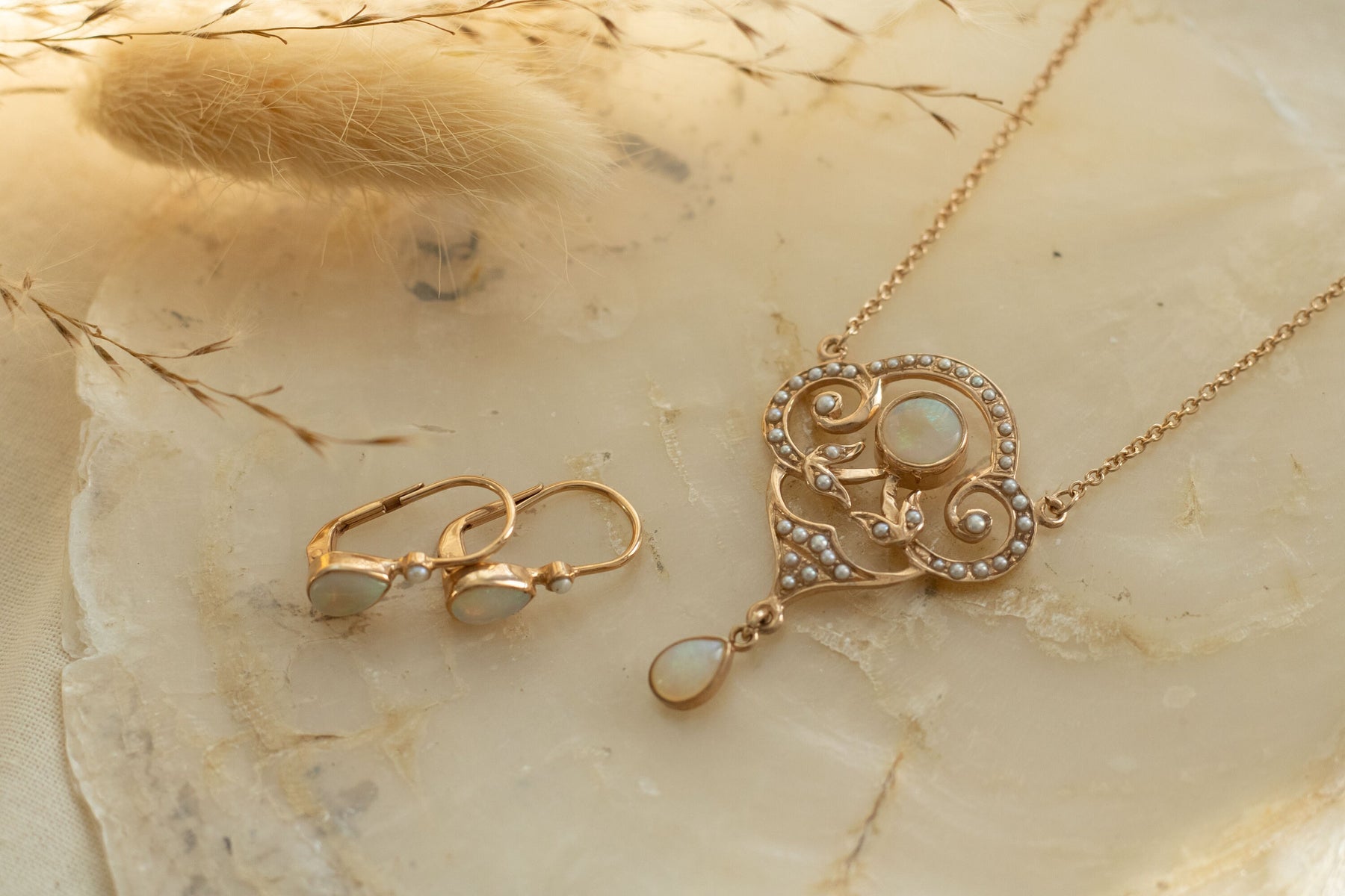 Jugendstilkette mit Opal, Art Nouveau Collier Silber Roségold vergoldet, außergewöhnliche Jugendstil Halskette, Unikat, Vintage Kette Opal