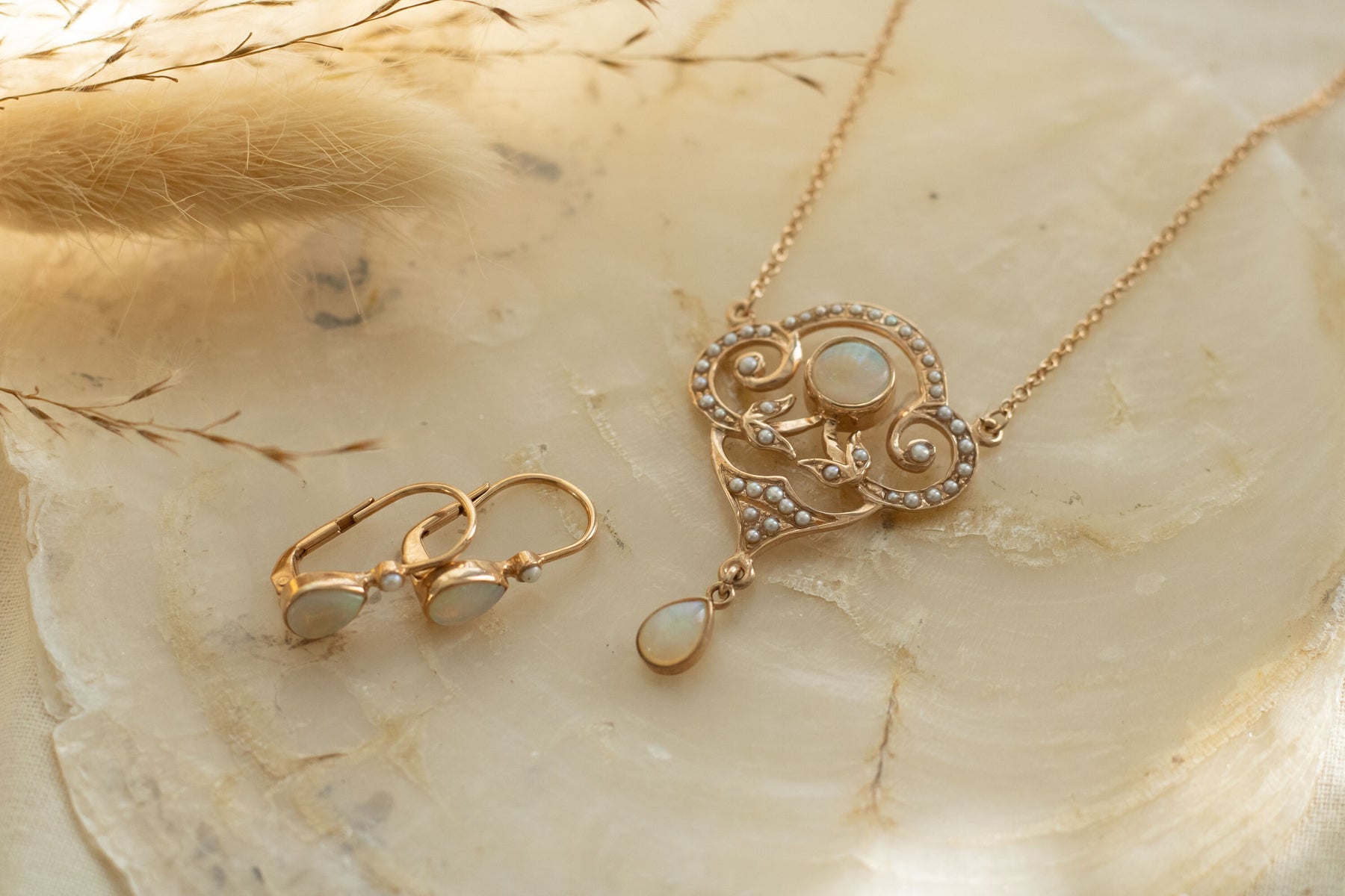 Jugendstilkette mit Opal, Art Nouveau Collier Silber Roségold vergoldet, außergewöhnliche Jugendstil Halskette, Unikat, Vintage Kette Opal