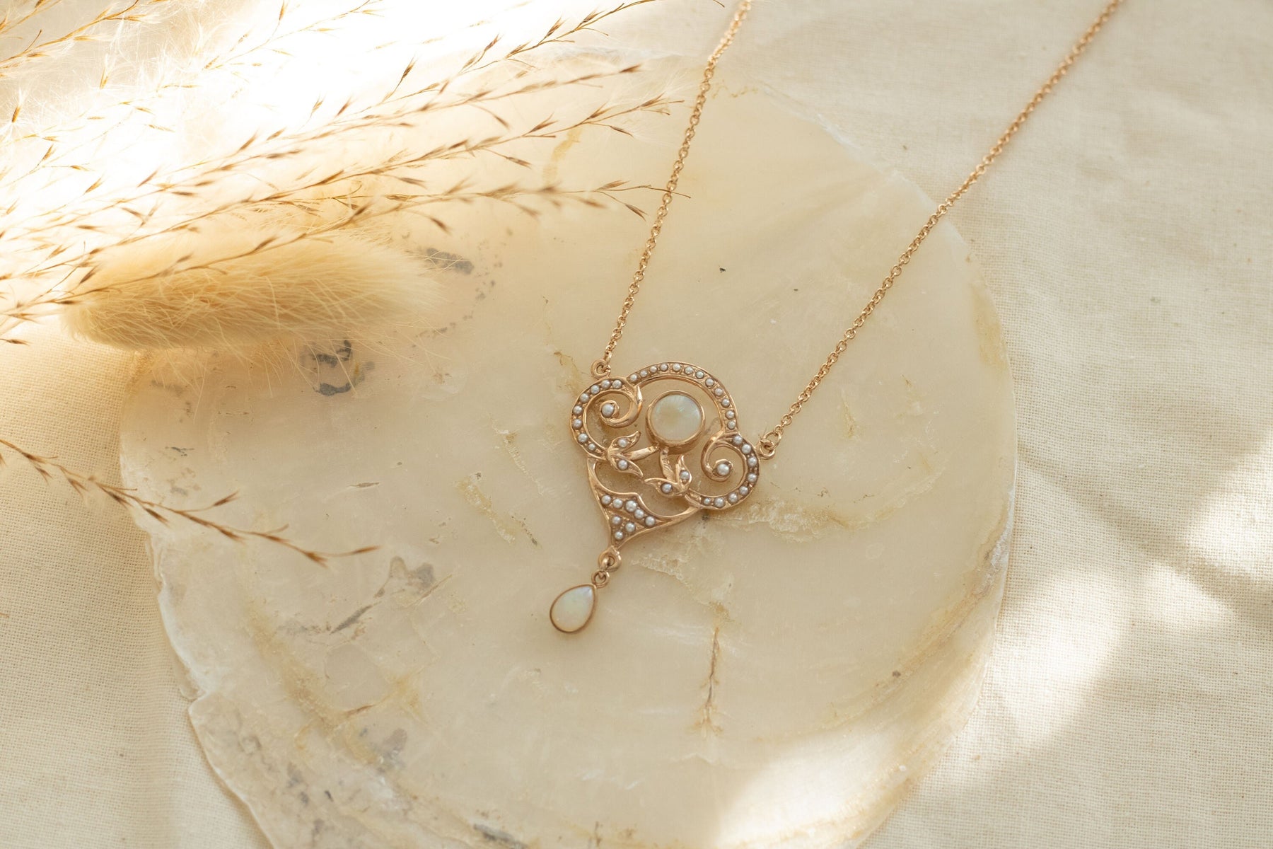 Jugendstilkette mit Opal, Art Nouveau Collier Silber Roségold vergoldet, außergewöhnliche Jugendstil Halskette, Unikat, Vintage Kette Opal