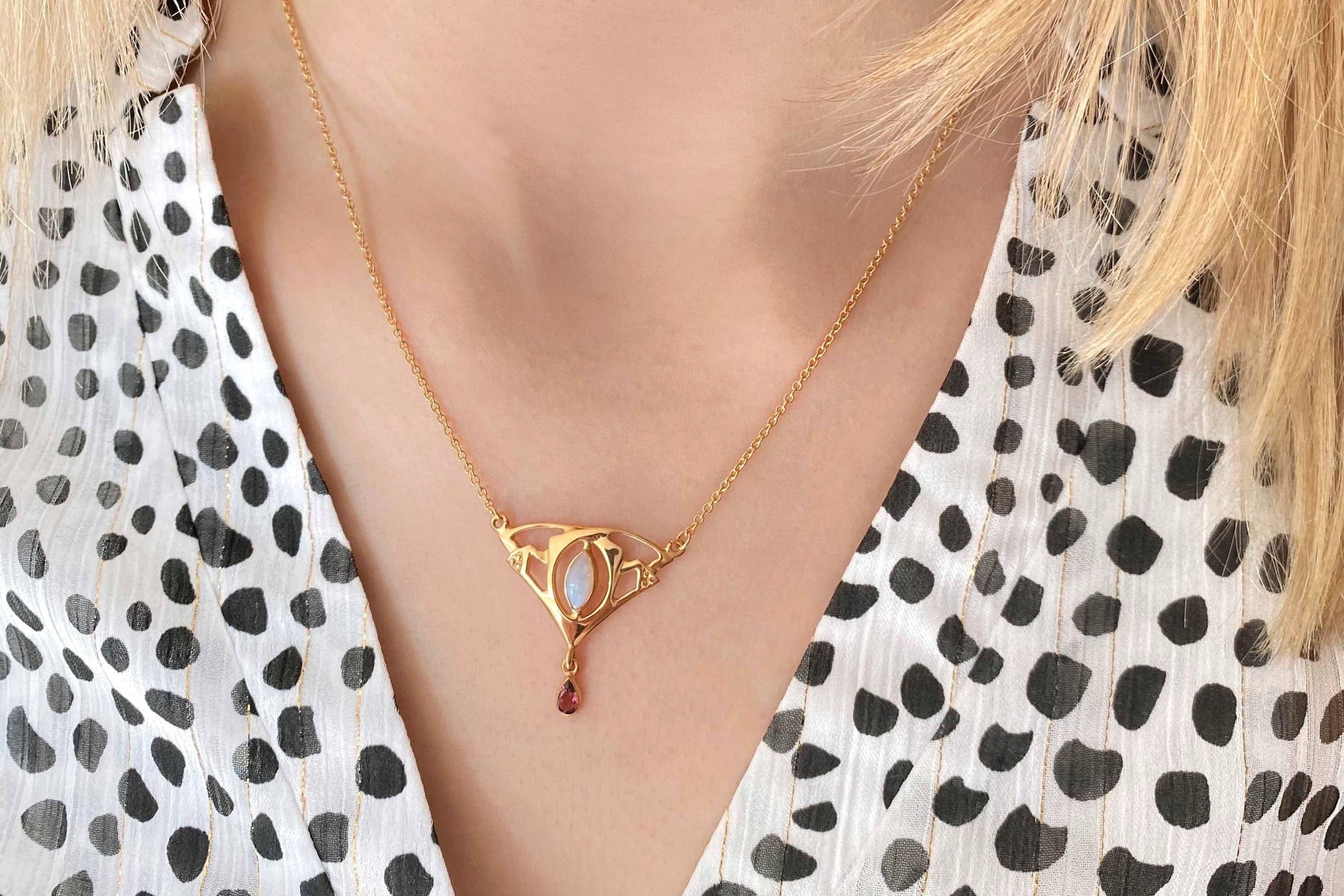 Jugendstill Collier mit Opal und Rosa Turmalin - 925 Sterling Silber