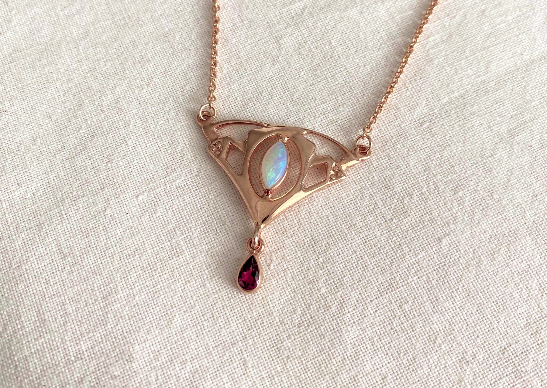 Jugendstill Collier mit Opal und Rosa Turmalin - 925 Sterling Silber