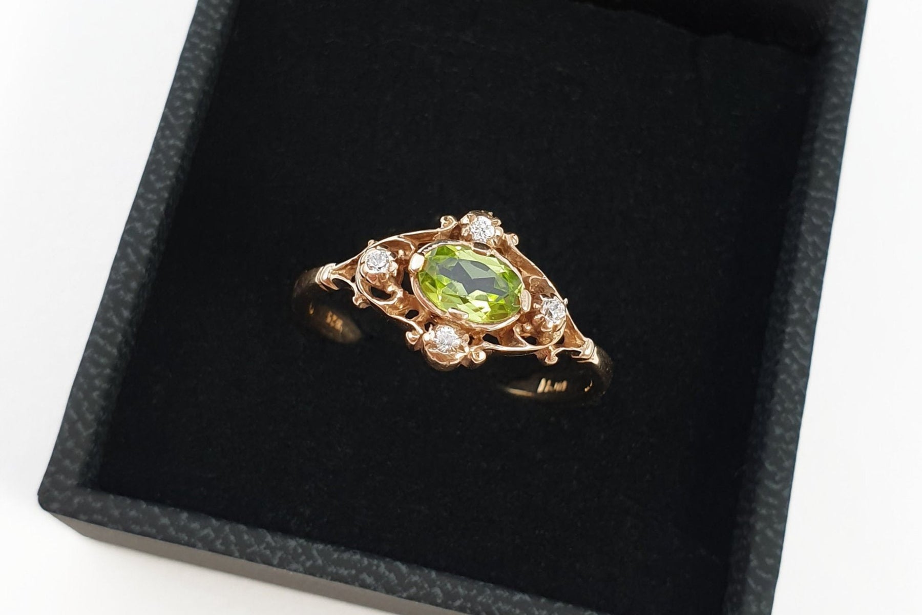 Jugendstil Ring, Art Nouveau Ring, Peridot, Brillanten, 585 Rosegold / Gelbgold, Vintage, Verlobungsring, Antik