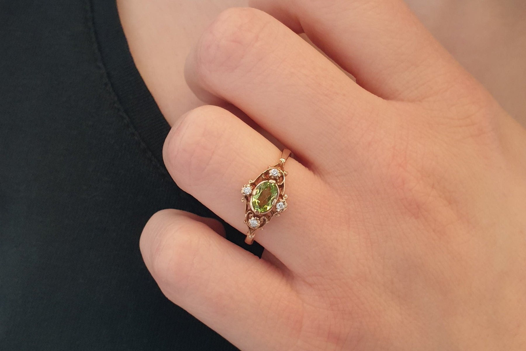 Jugendstil Ring, Art Nouveau Ring, Peridot, Brillanten, 585 Rosegold / Gelbgold, Vintage, Verlobungsring, Antik