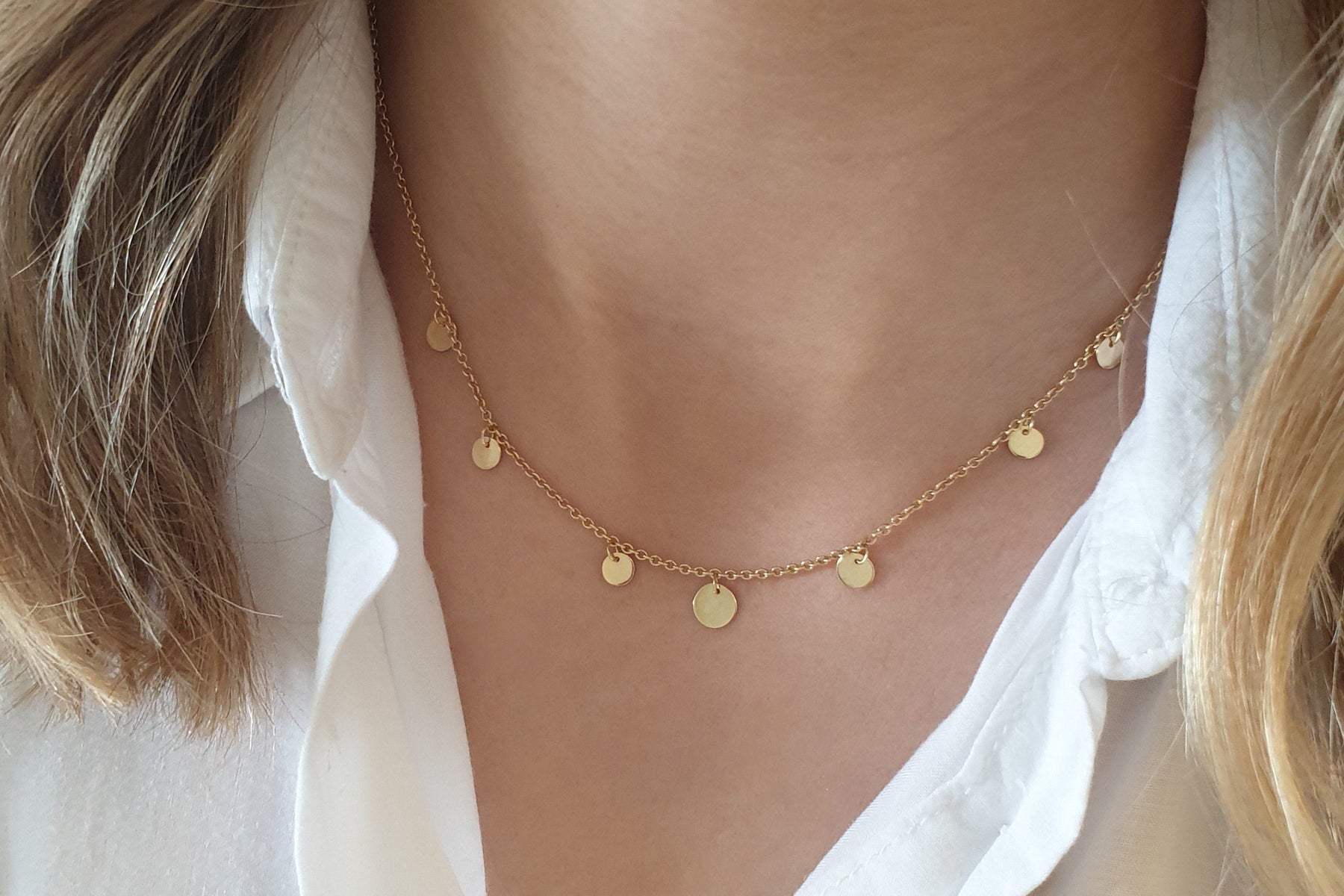 Plättchenkette 925 Sterling Silber vergoldet zarte Goldkette mit 7 runden Platten Münzkette Scheibenkette besonderes Geschenk