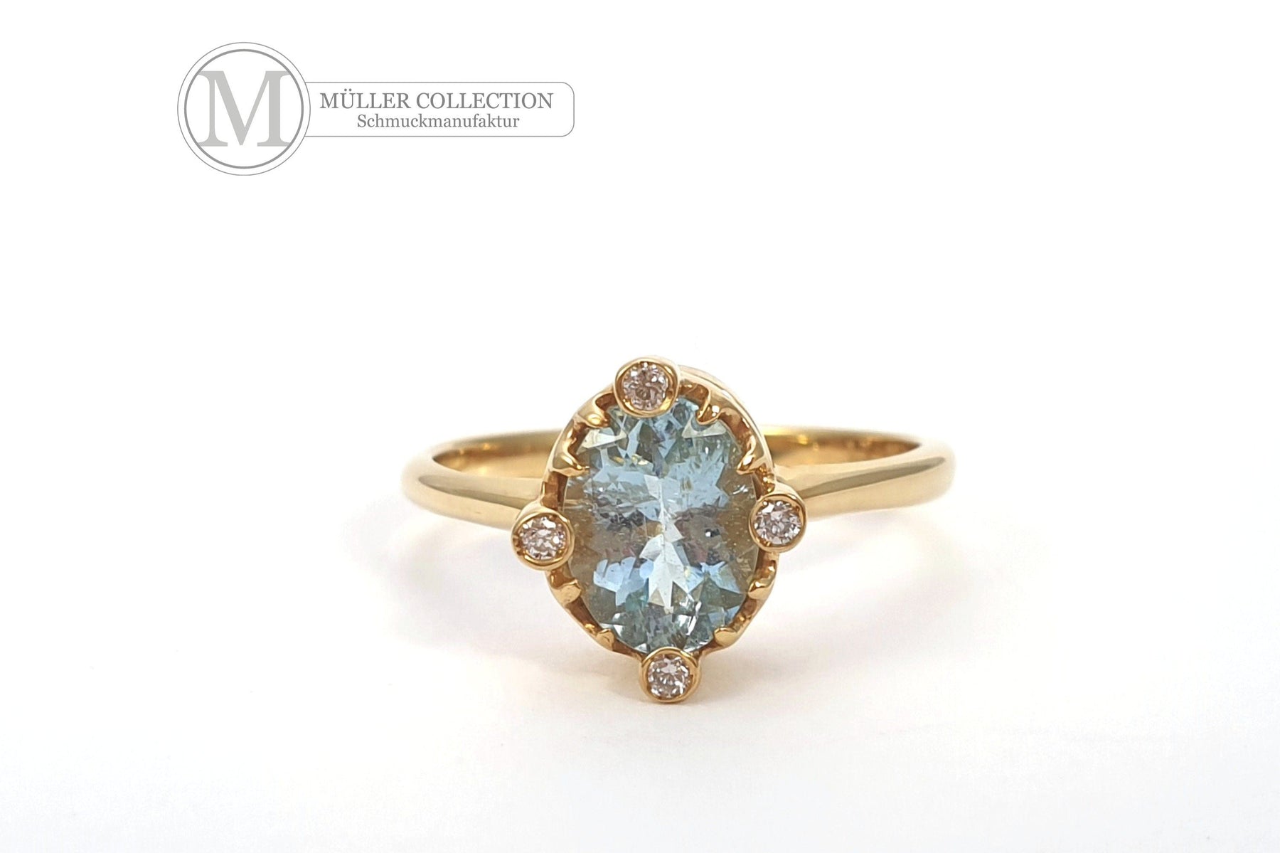 Glamouröser Goldring Blau Topas, 14 Karat 585 Echtgoldring, 4 Brillanten 0.05 ct, Art Nouveau, Jugendstilring, Verlobungsring, Gelbgold