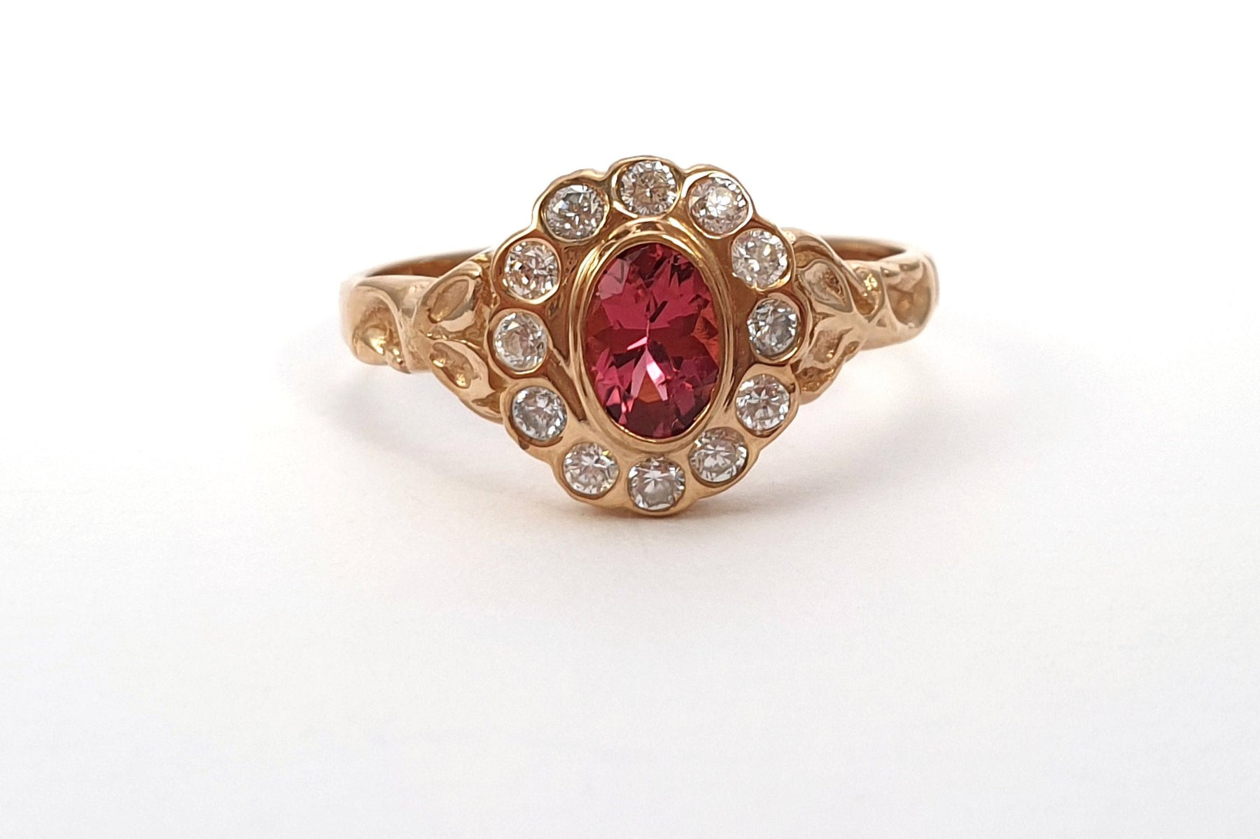 Goldring, 585 Gold, Rosa Turmalin, Jugendstil Ring, 14 Karat, 585 Gelbgold, Brillanten, Vintage, Art Nouveau, Antikschmuck