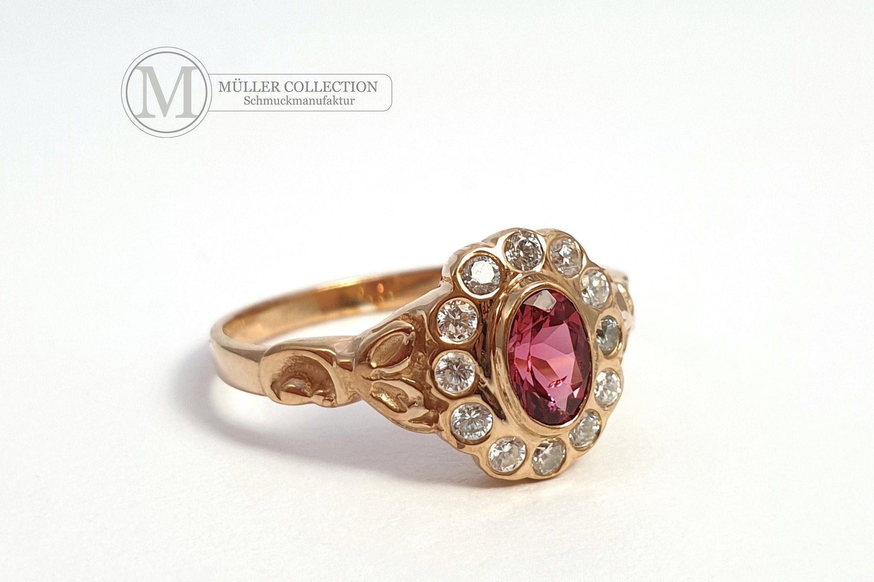 Goldring, 585 Gold, Rosa Turmalin, Jugendstil Ring, 14 Karat, 585 Gelbgold, Brillanten, Vintage, Art Nouveau, Antikschmuck