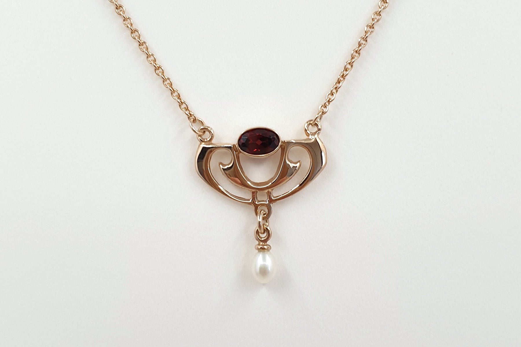 zarte Jugendstilkette 925 Silber Rosegold vergoldet feines Collier mit Granat und Süßwasserperle edle Goldkette Art Nouveau Art Deco