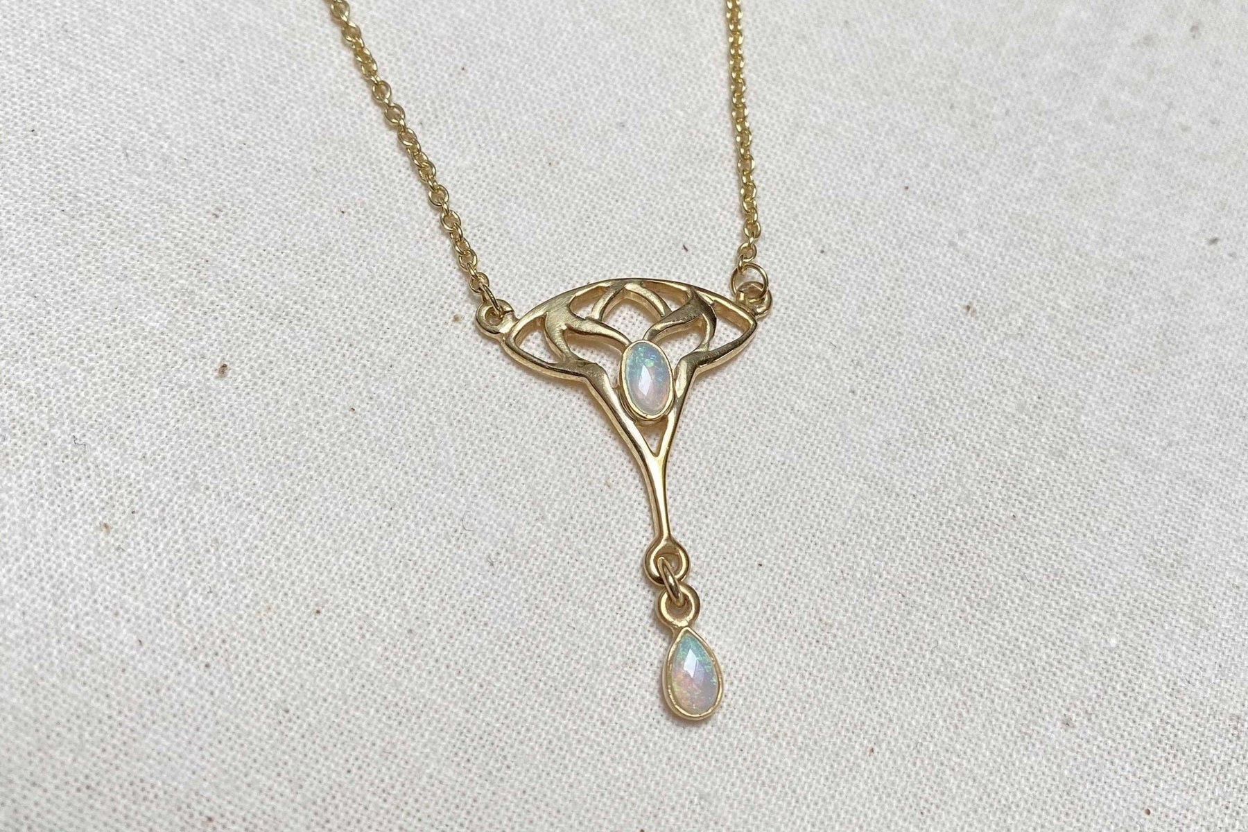 Zarte Jugendstilkette - Art Nouveau chain - 925 Silber Gelbgold vergoldet - Feines Collier mit Opal Edelsteinen- Vintage Goldkette