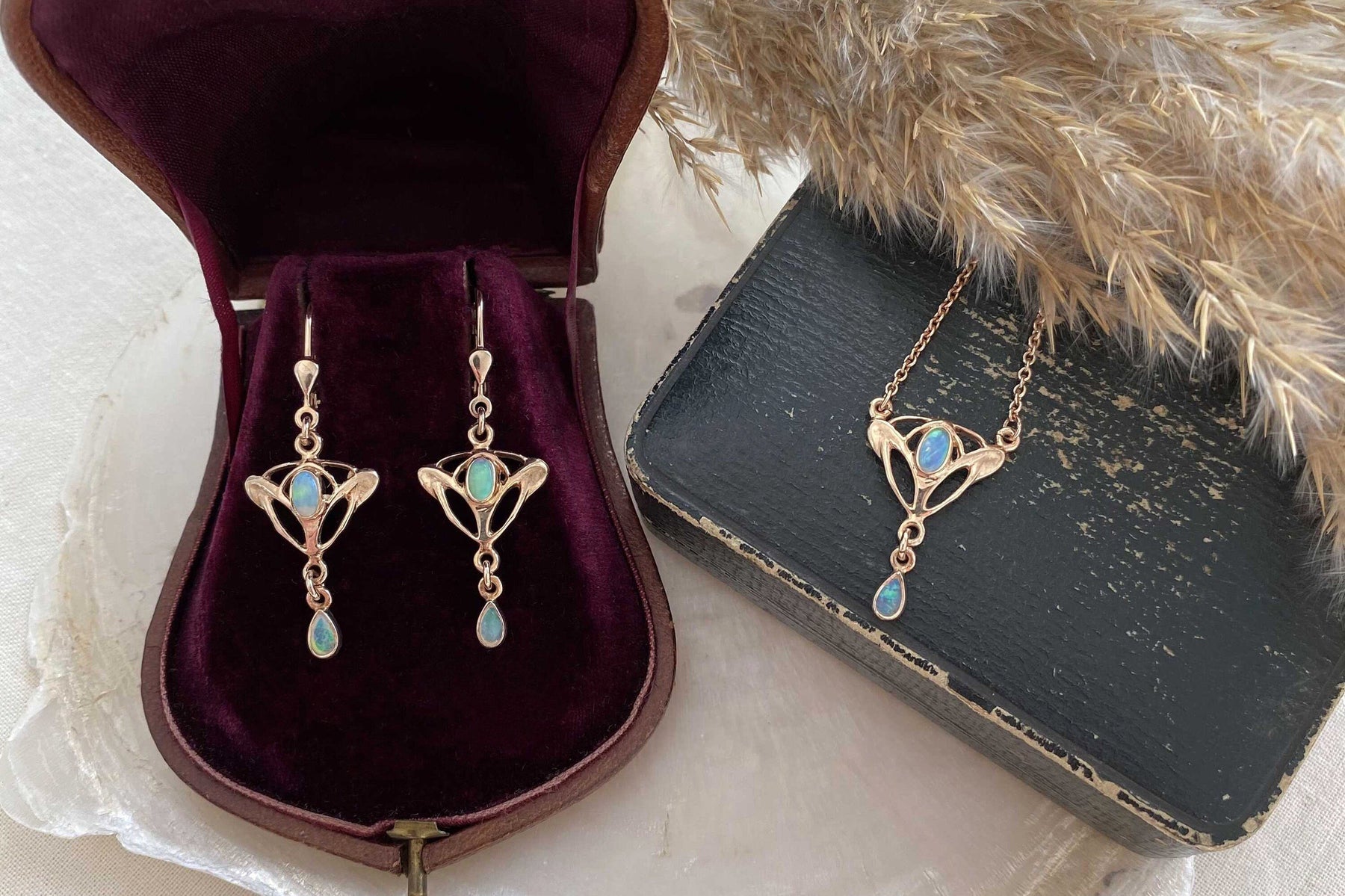 Elegante Jugendstil Ohrbügel, Ohrring 925 Sterling Silber Rosegold vergoldet, Ohrhänger Opal Edelstein, Ohrbrisur Art Nouveau
