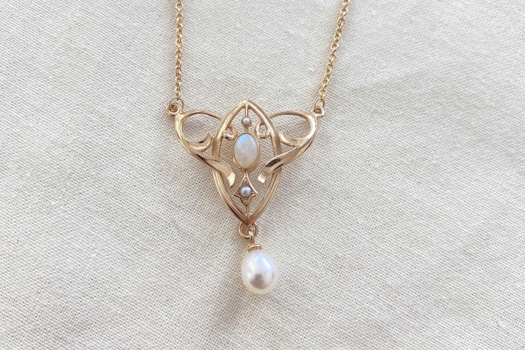 Außergewöhnliche Jugendstilkette Art Nouveau chain 585 Roségold Collier mit Opal Halbperlen Süßwasserperle Vintage Antik 14 Karat