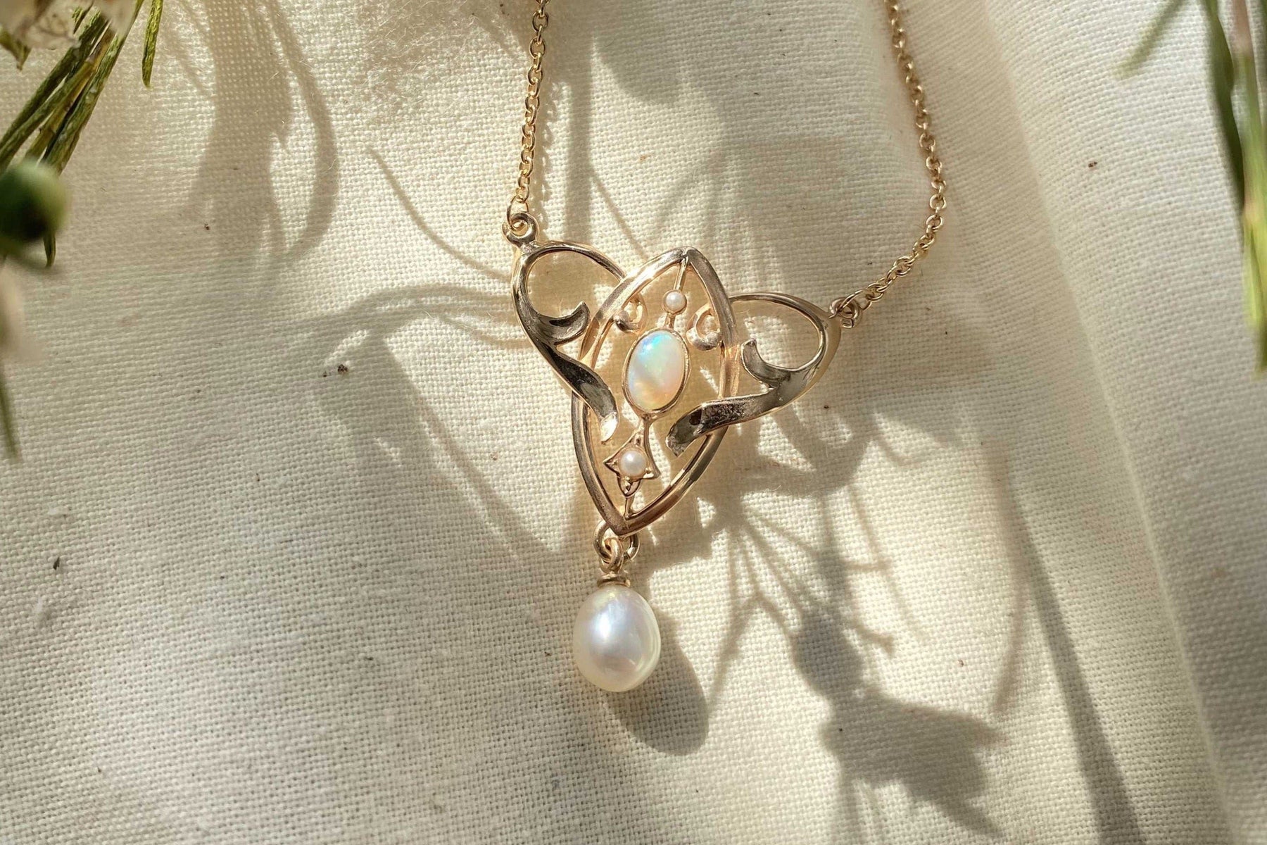 Außergewöhnliche Jugendstilkette Art Nouveau chain 585 Roségold Collier mit Opal Halbperlen Süßwasserperle Vintage Antik 14 Karat