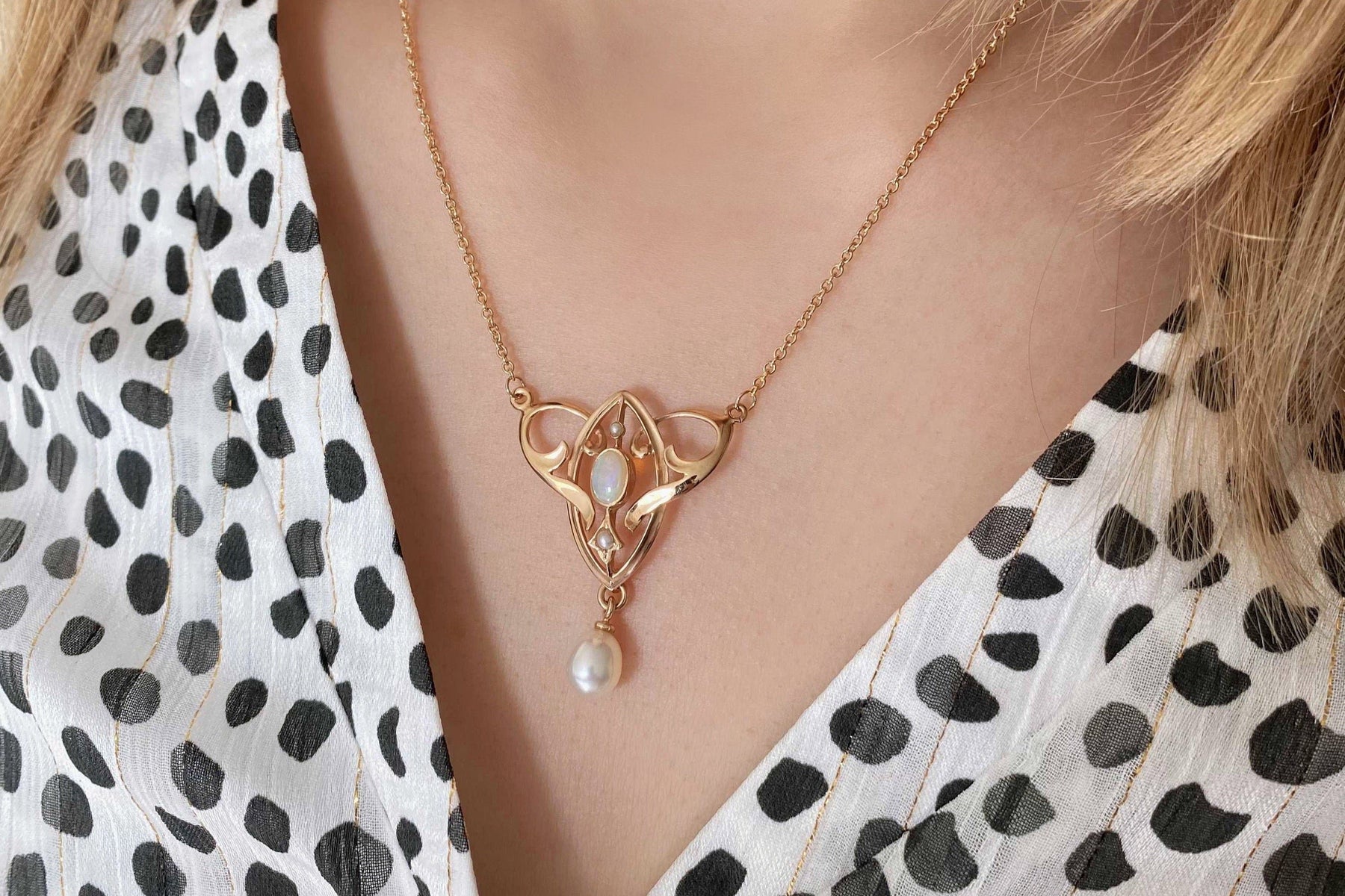 Außergewöhnliche Jugendstilkette Art Nouveau chain 585 Roségold Collier mit Opal Halbperlen Süßwasserperle Vintage Antik 14 Karat