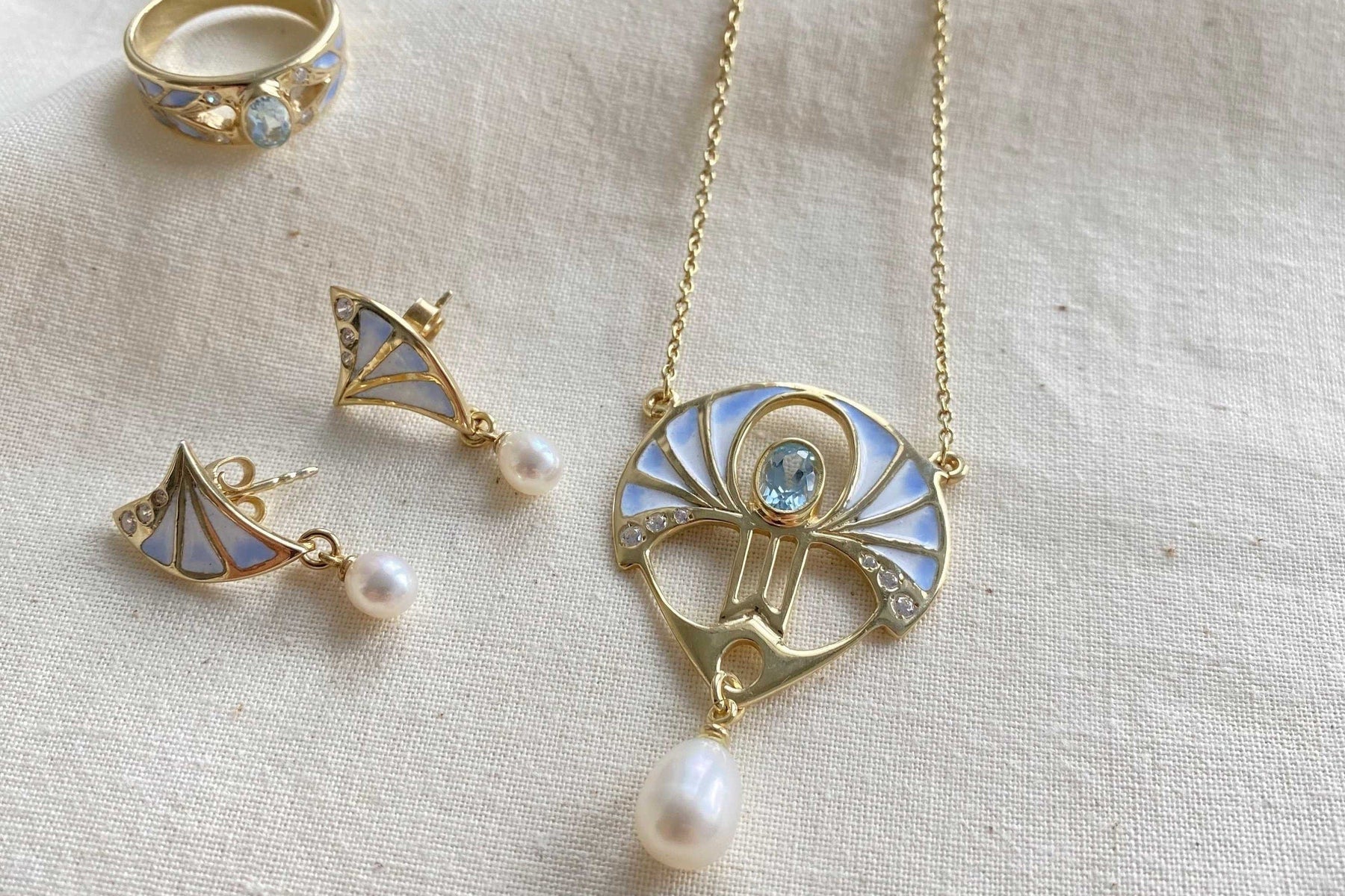 Emaille Jugendstilkette - Art Nouveau chain - 925 Sterling Silber Gelbgold vergoldet, Blau Topas, Zirkonia, echte Süßwasserperle
