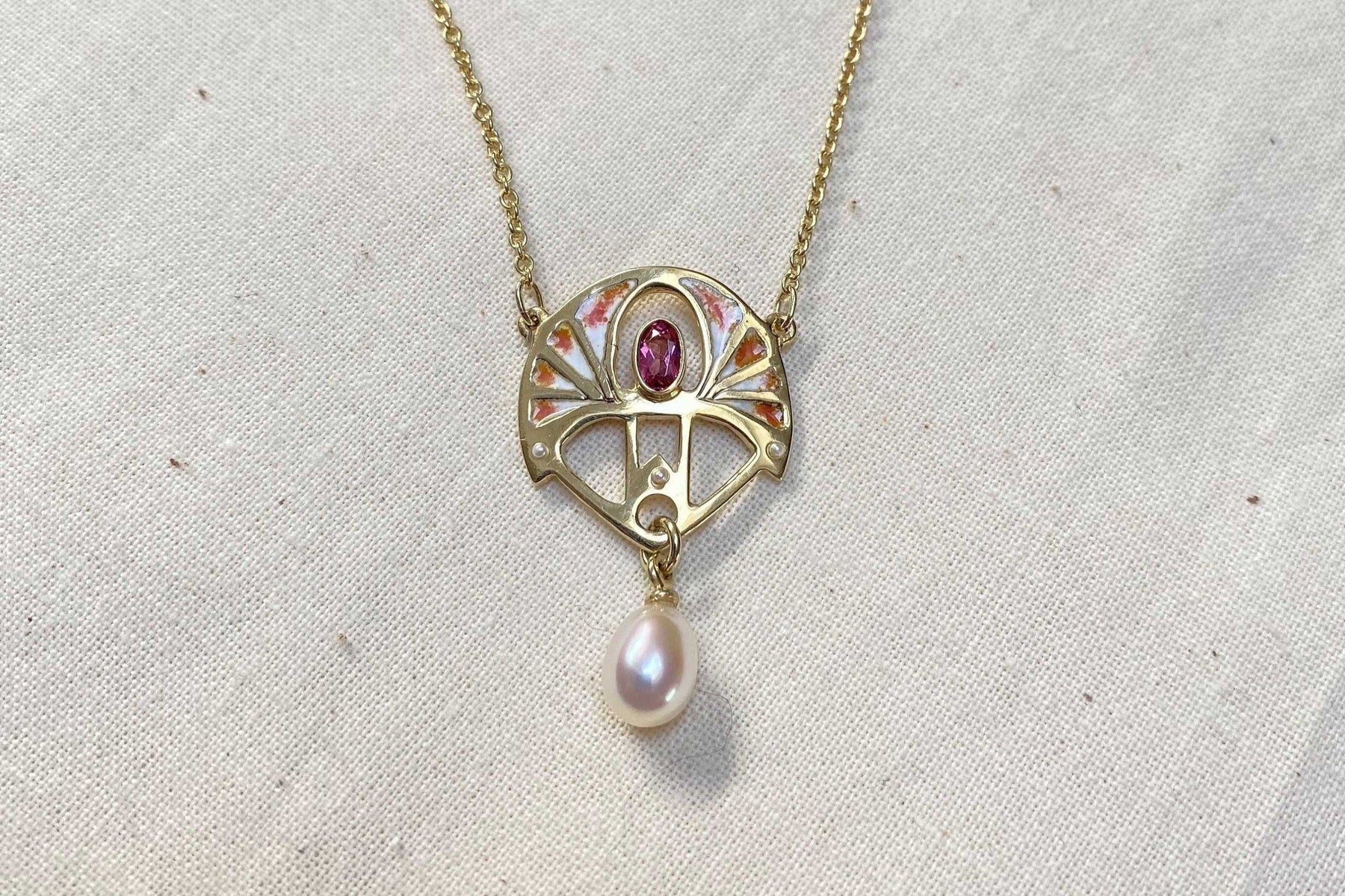 Jugendstilkette mit Emaille 925 Sterling Silber Gelbgold vergoldet Rosa Turmalin Süßwasserperle Art Nouveau Art Deco Antikschmuck