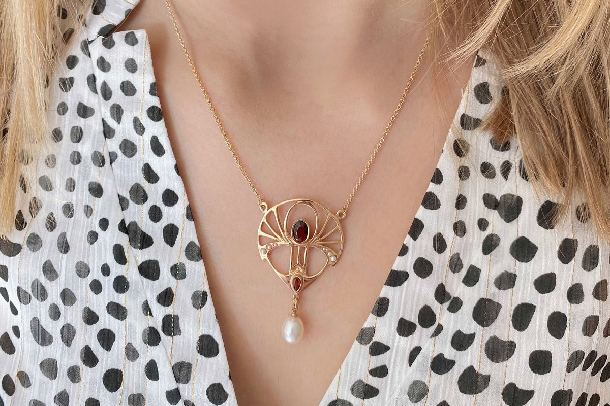 Jugendstilkette Art Nouveau chain 925 Silber Rosegold vergoldet Collier mit Granat Süßwasserperle echten Halbperlen Vintage Antik