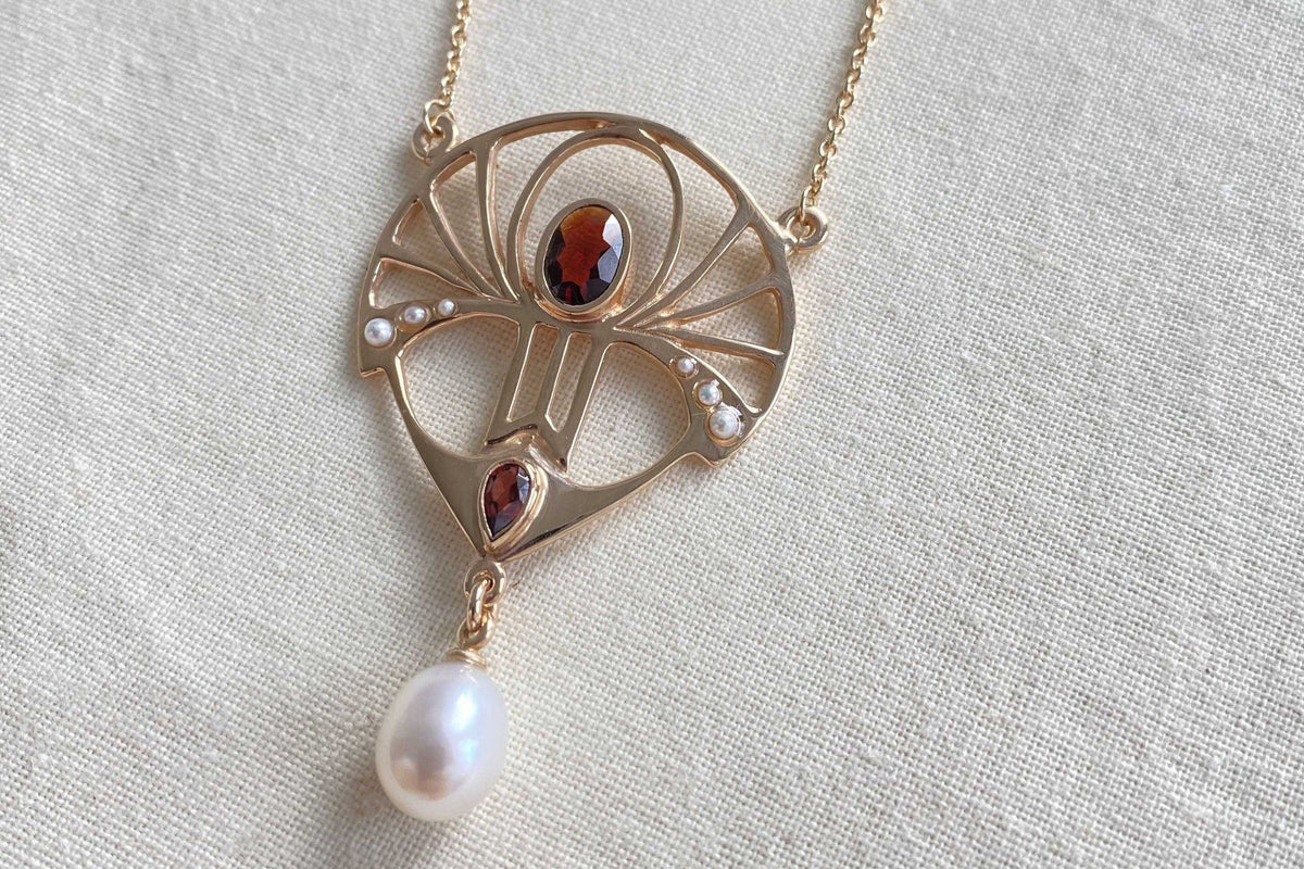 Jugendstilkette Art Nouveau chain 925 Silber Rosegold vergoldet Collier mit Granat Süßwasserperle echten Halbperlen Vintage Antik