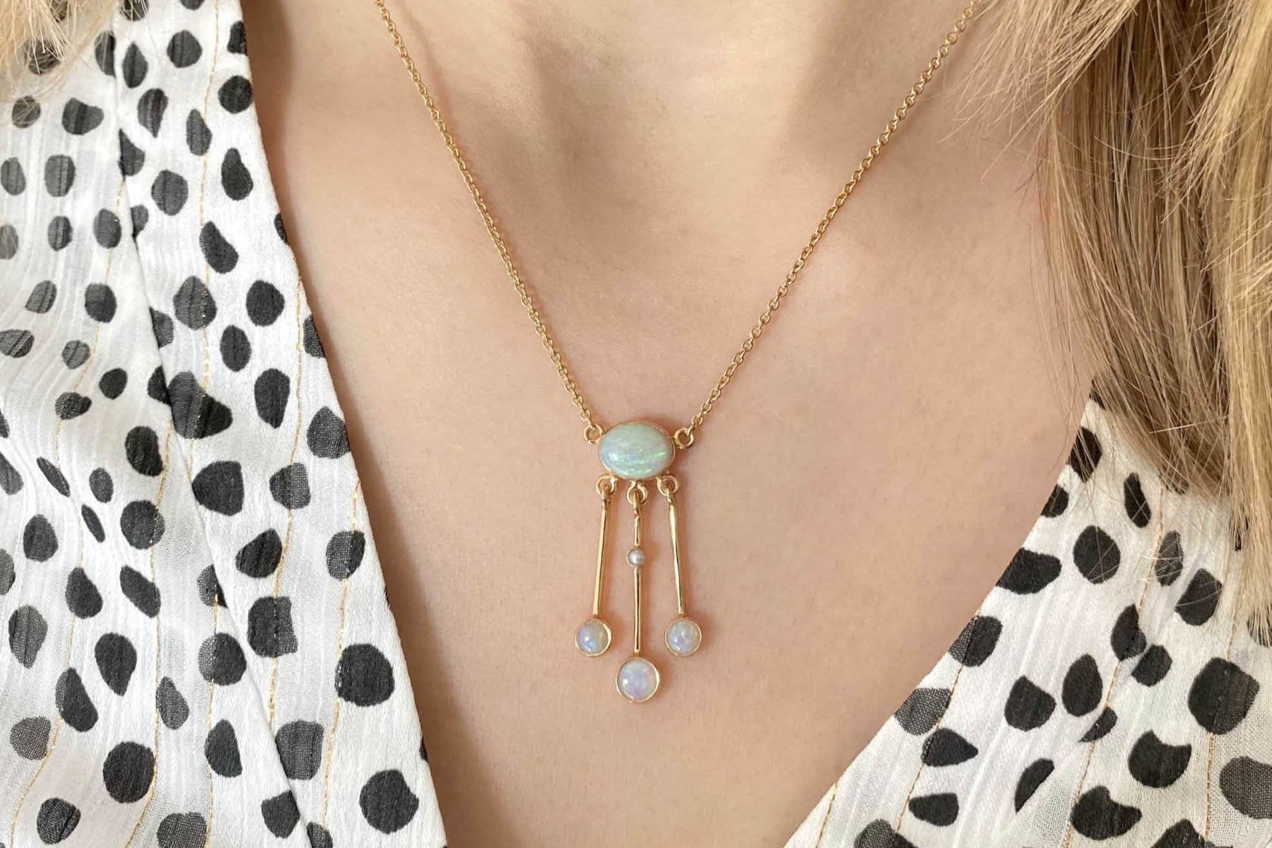 Jugendstilkette Lavalier, Art Nouveau chain, 925 Silber Roségold oder Gelbgold vergoldet, Collier mit Opal Edelsteinen, Lavaliere Halskette