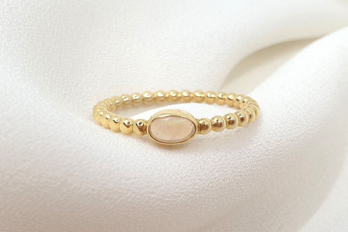 Kugelring, Kügelchenring, ovaler Opal Edelstein, 585 Gelbgold, 14 Karat Gold, Stapelring, massiver Kugelring mit Edelstein nach Wahl