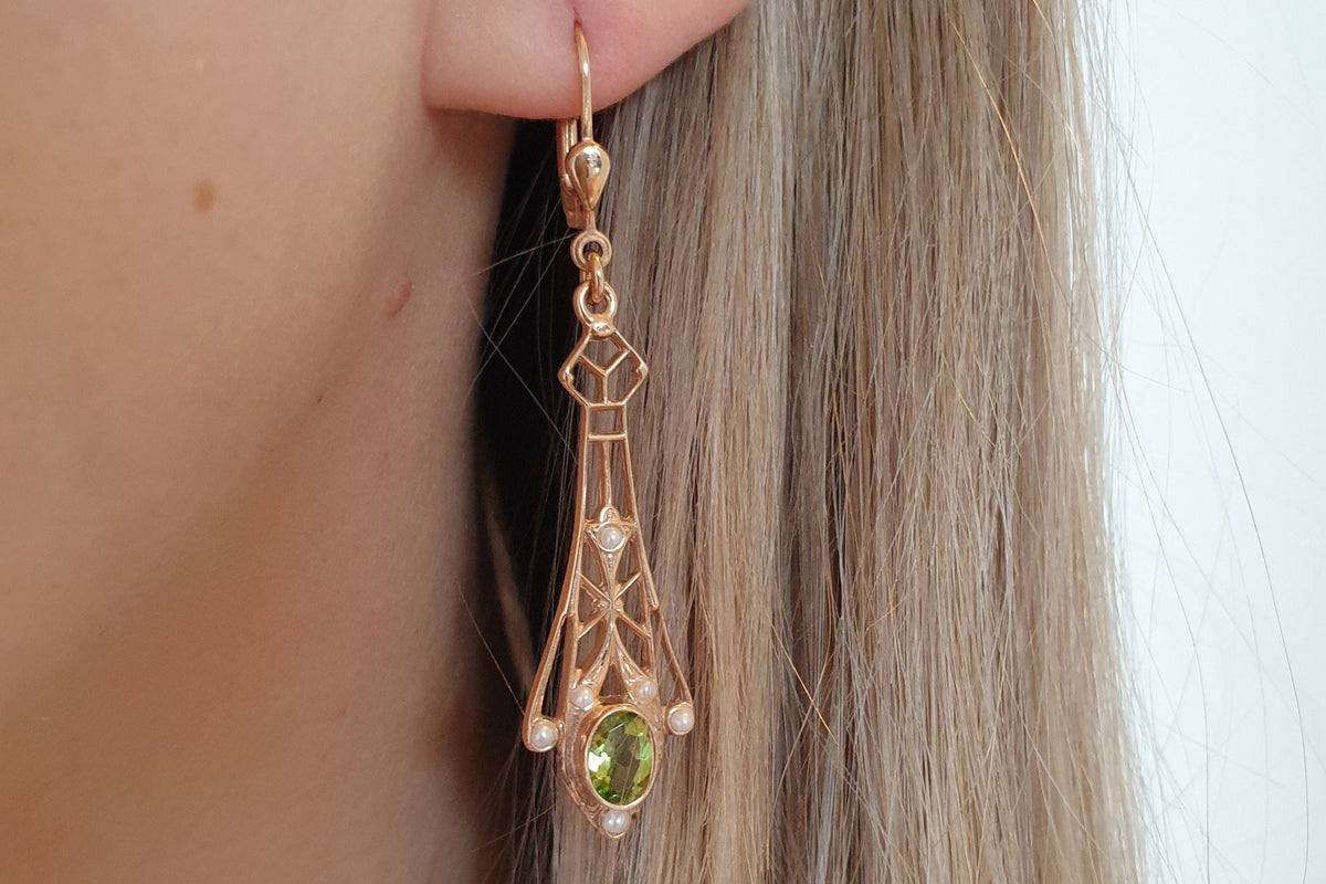 Prächtiger Jugendstil Ohrbügel, Ohrbrisur 925 Sterling Silber Rose vergoldet, Peridot Edelstein facettiert, Ohrhänger Art Nouveau, Ohrring,