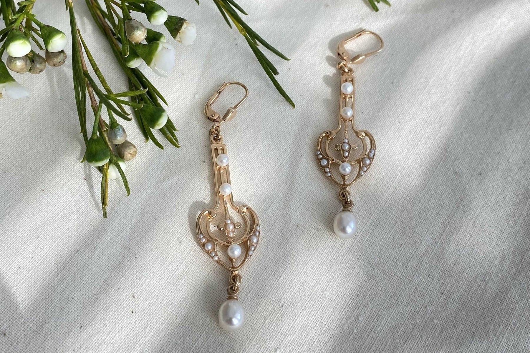 Prächtiger Jugendstil Ohrbügel Ohrbrisur 925 Sterling Silber Rosegold vergoldet Perlenohrringe Süßwasserperle Ohrhänger Art Nouveau