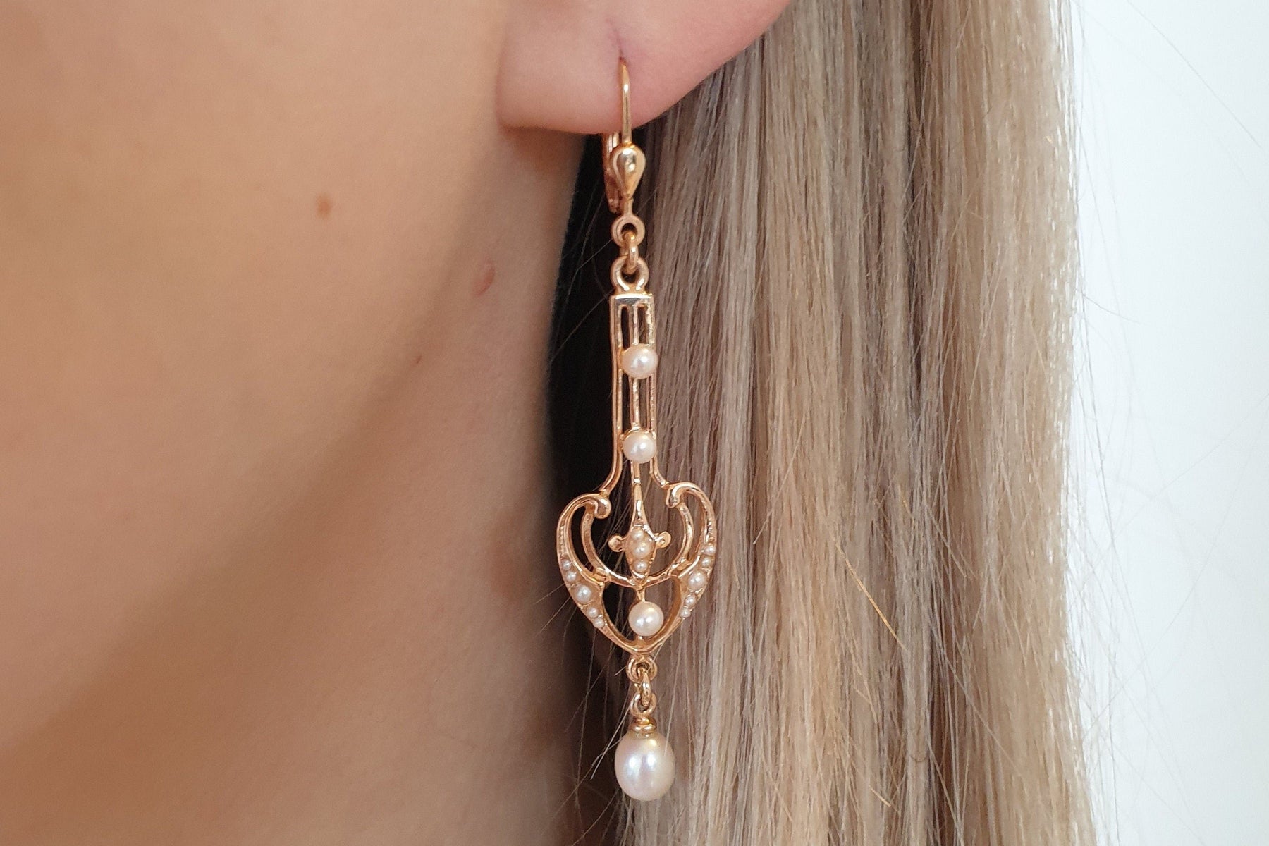 Prächtiger Jugendstil Ohrbügel Ohrbrisur 925 Sterling Silber Rosegold vergoldet Perlenohrringe Süßwasserperle Ohrhänger Art Nouveau