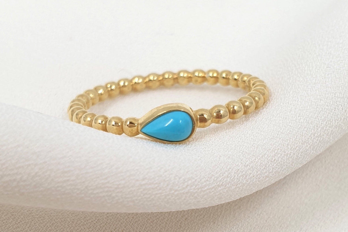 Kugelring Kügelchenring 2 mm Türkis Edelstein 585 Gelbgold 14 Karat Gold Stapelring massiver Kugelring mit Edelstein nach Wahl Handgefertigt