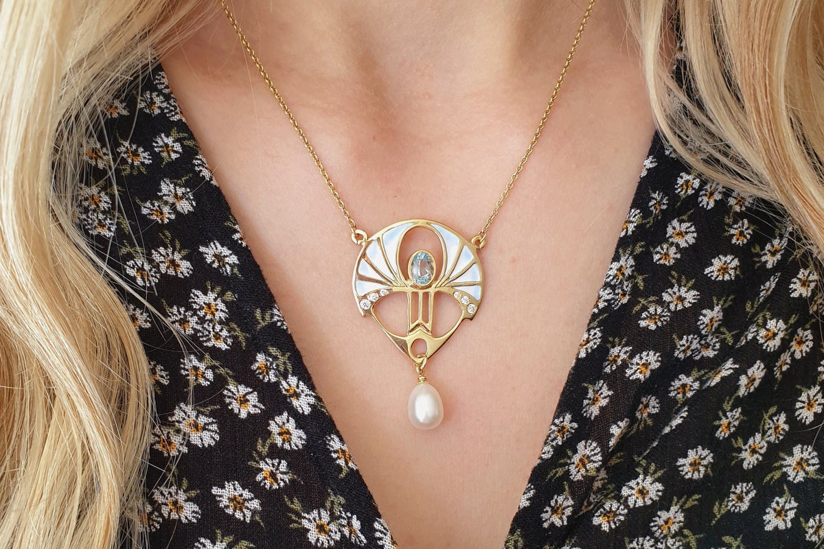 Emaille Jugendstilkette - Art Nouveau chain - 925 Sterling Silber Gelbgold vergoldet, Blau Topas, Zirkonia, echte Süßwasserperle
