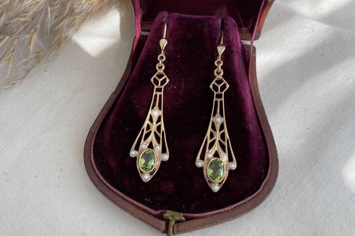 Prächtiger Jugendstil Ohrbügel, Ohrbrisur 925 Sterling Silber Rose vergoldet, Peridot Edelstein facettiert, Ohrhänger Art Nouveau, Ohrring,