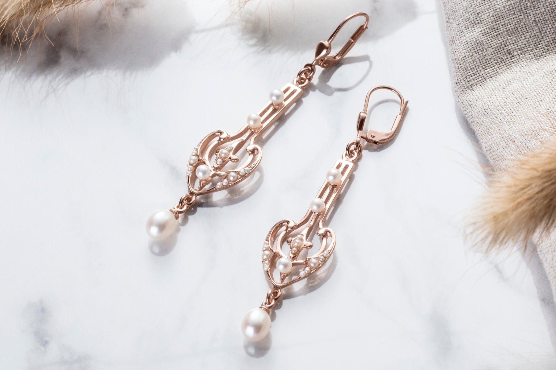 Prächtiger Jugendstil Ohrbügel Ohrbrisur 925 Sterling Silber Rosegold vergoldet Perlenohrringe Süßwasserperle Ohrhänger Art Nouveau