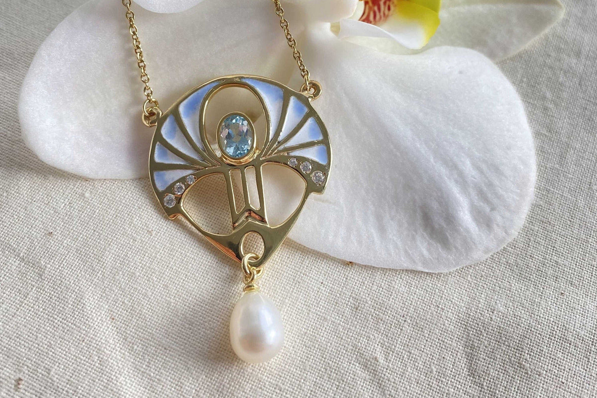 Emaille Jugendstilkette - Art Nouveau chain - 925 Sterling Silber Gelbgold vergoldet, Blau Topas, Zirkonia, echte Süßwasserperle