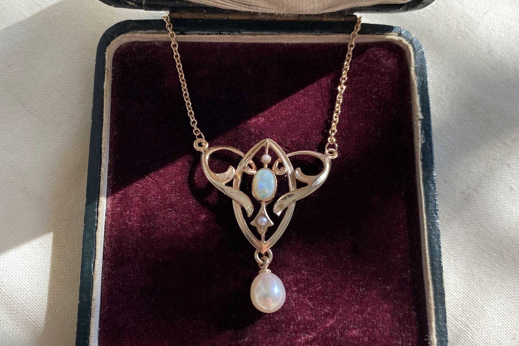 Außergewöhnliche Jugendstilkette Art Nouveau chain 585 Roségold Collier mit Opal Halbperlen Süßwasserperle Vintage Antik 14 Karat