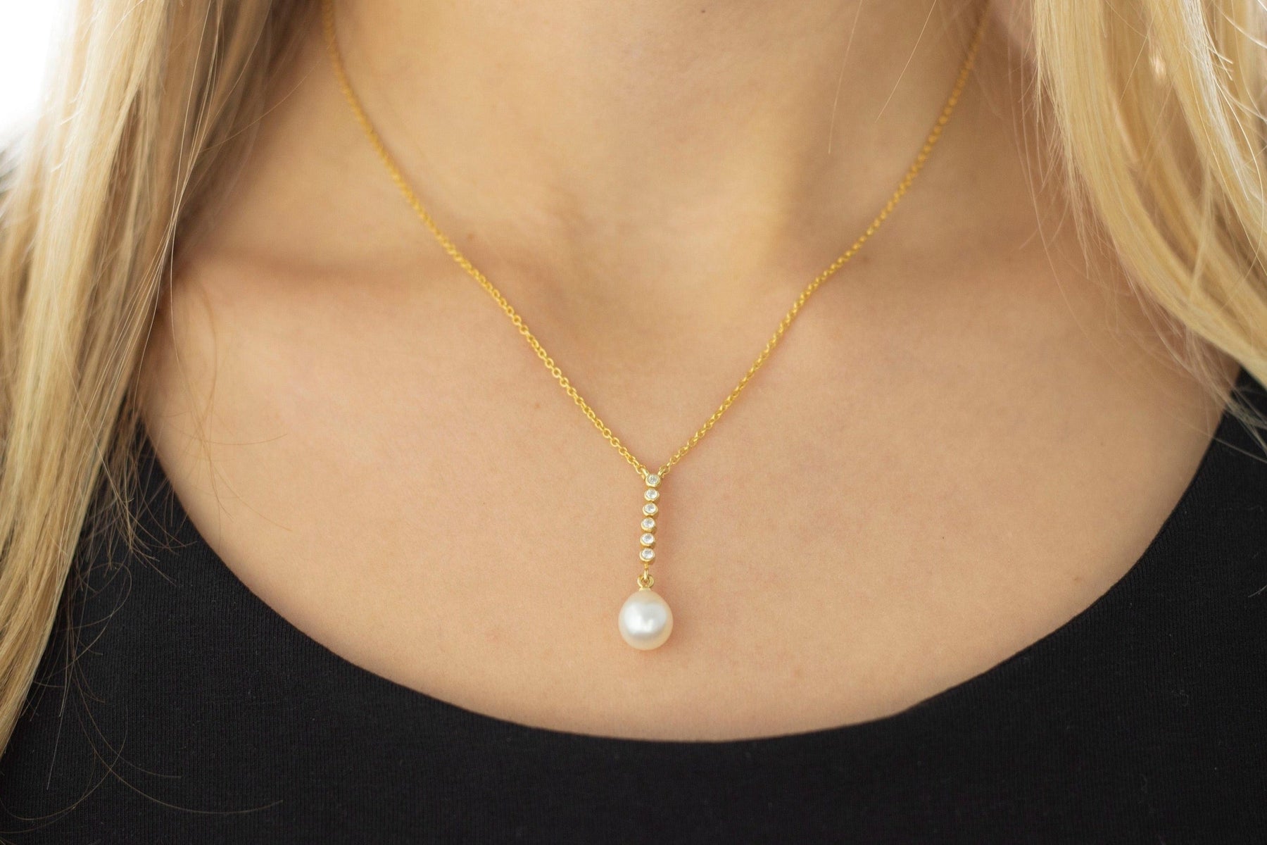 Goldkette 585 mit Süßwasserperle und Diamanten, 585 Braut Kette in Y-Form, elegante Halskette mit Perle, handgefertigt