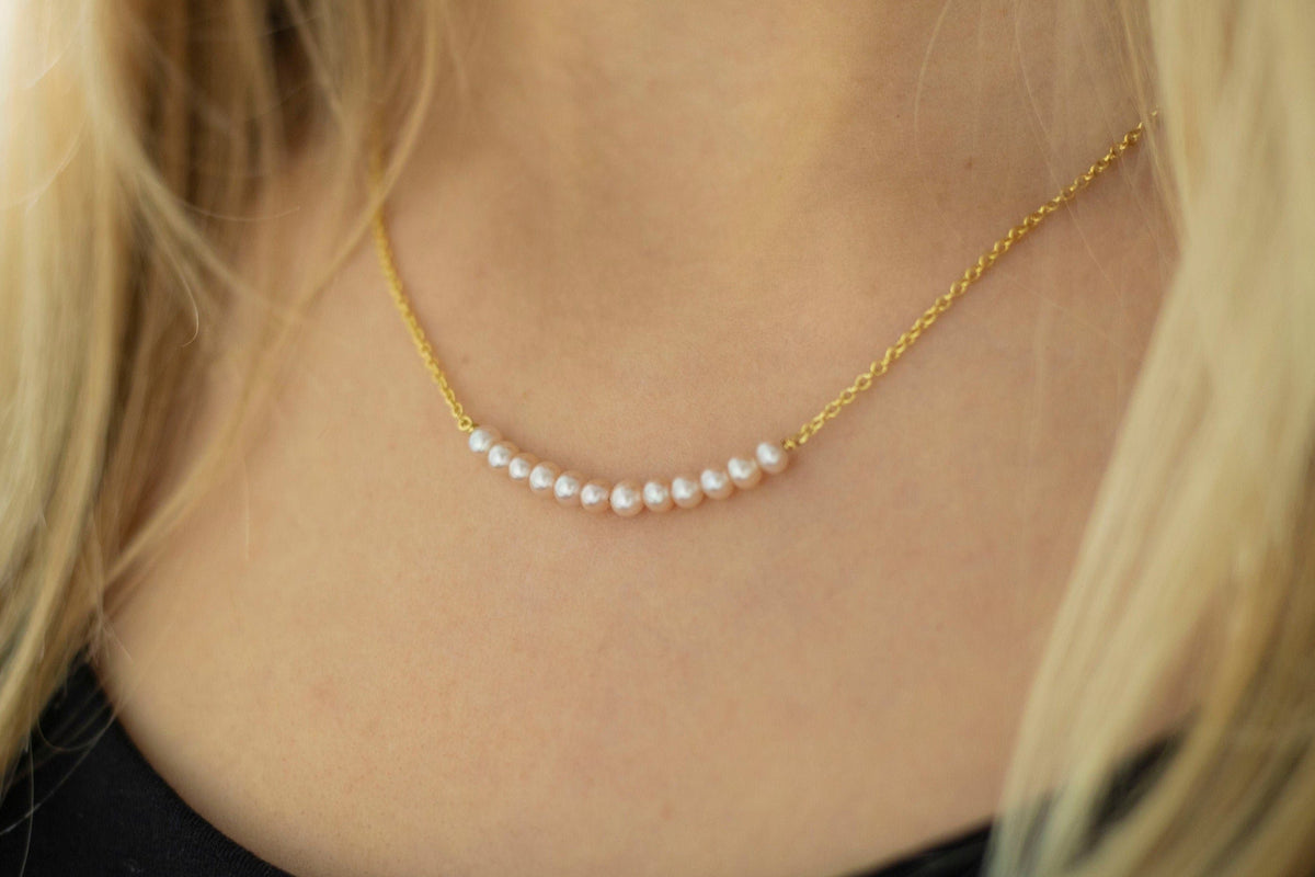 Goldkette 585 mit Süßwasserperlen, Pearls Bar Halskette 585, Braut Kette Gelbgold mit Perlen, 585 Perlenkette, handgefertigt