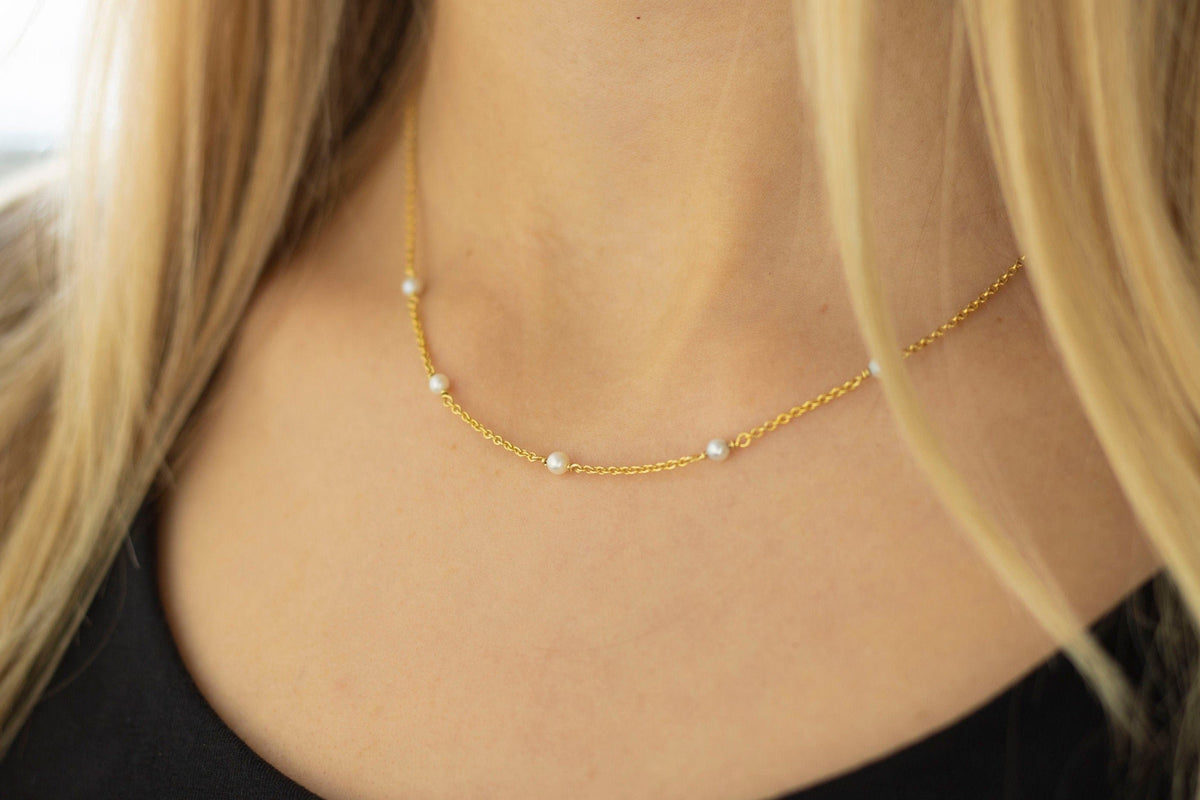 585 Gelbgold Perlenkette, Süßwasserperlen Halskette, Perlencollier, Perlenschmuck echt Gold, Braut Kette Gelbgold mit Perlen