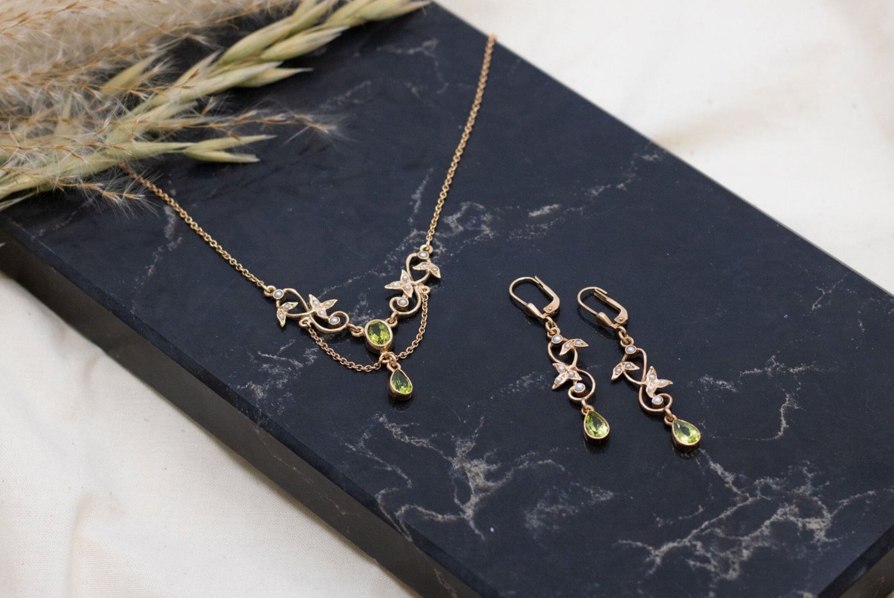 Jugendstilkette Peridot und Halbperlen, Art Nouveau Collier 925 Silber Roségold, Antike Jugendstil Halskette, Vintage, Brautschmuck Vintage