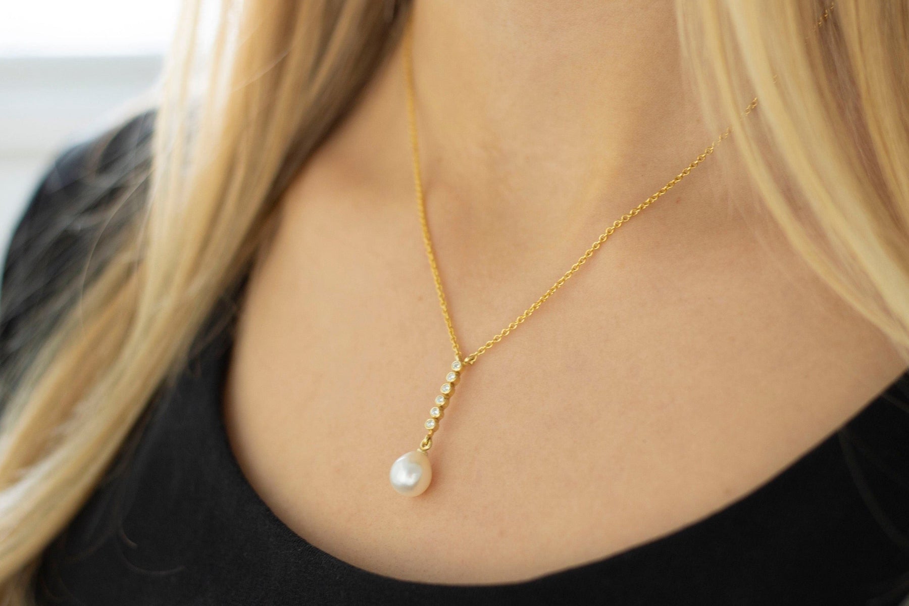 Goldkette 585 mit Süßwasserperle und Diamanten, 585 Braut Kette in Y-Form, elegante Halskette mit Perle, handgefertigt