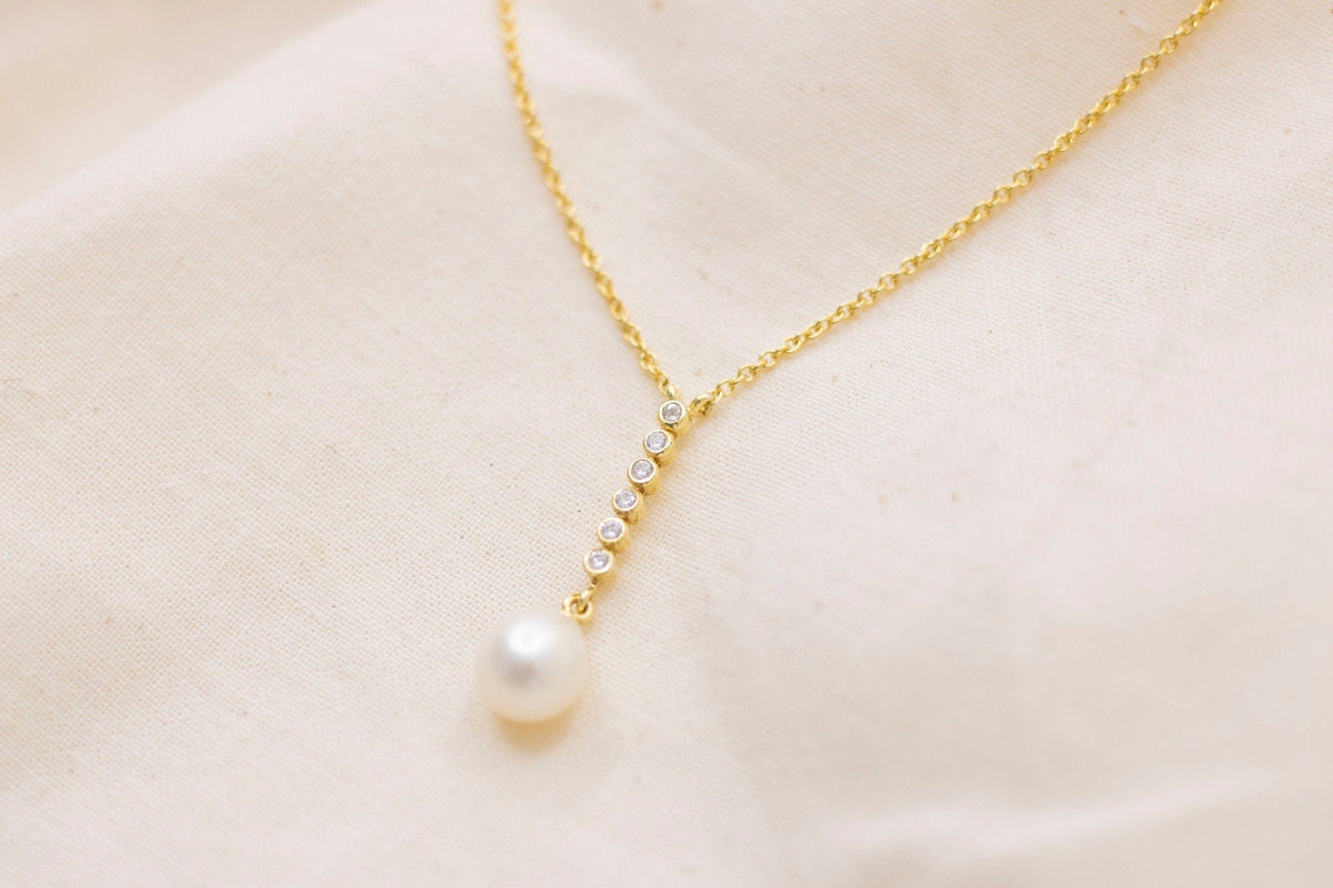 Goldkette 585 mit Süßwasserperle und Diamanten, 585 Braut Kette in Y-Form, elegante Halskette mit Perle, handgefertigt