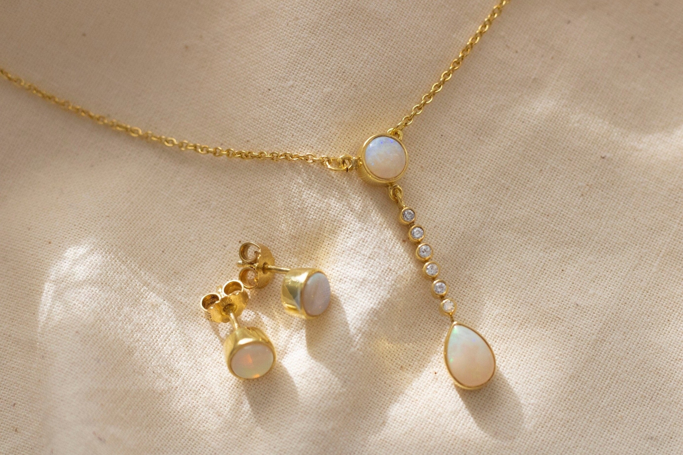 Goldkette 585 mit Opal Edelsteinen, Diamanten, echt gold Kette, 585 Braut Halskette, elegante Diamant Kette, handgefertigt