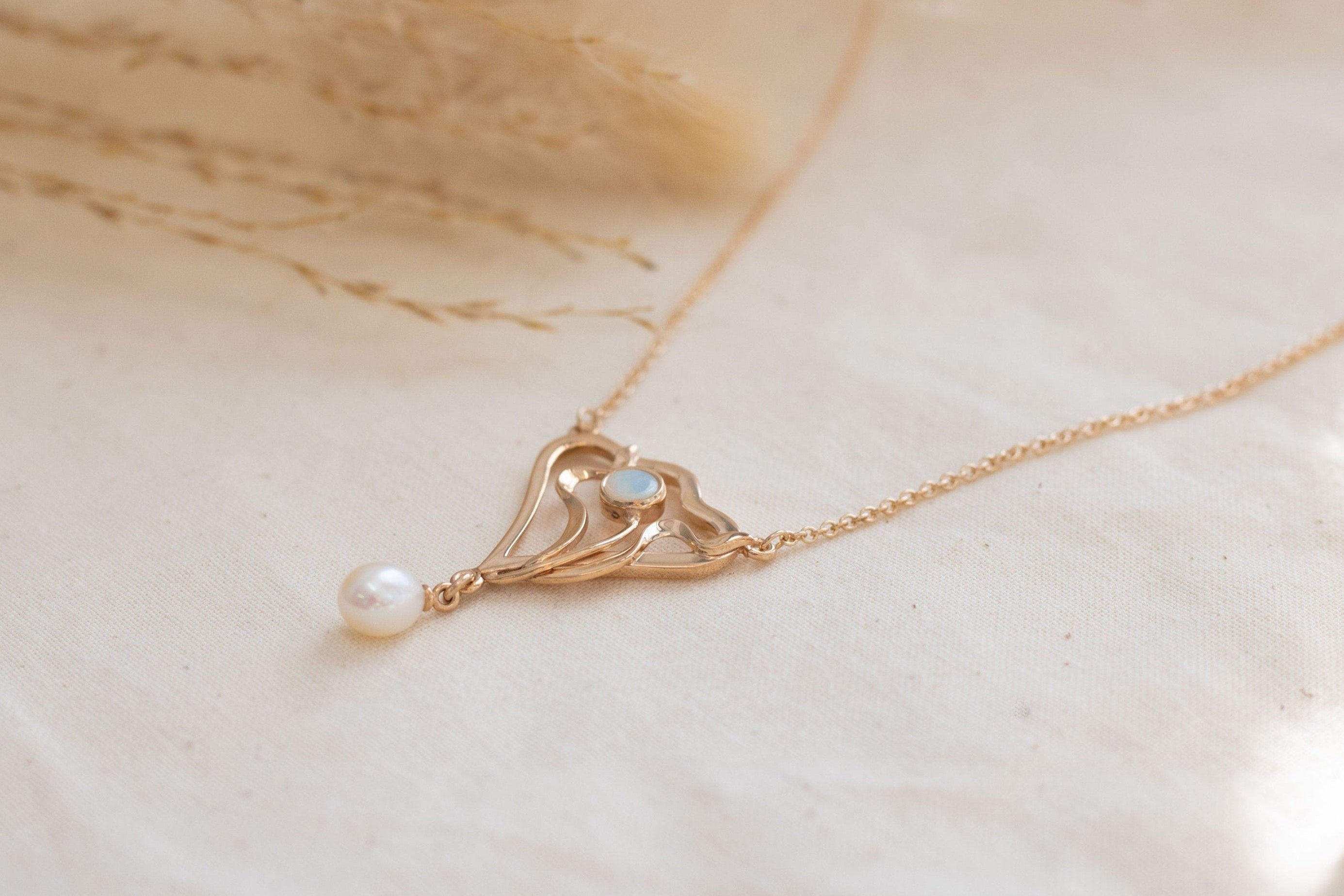Außergewöhnliche Jugendstilkette, Opal Halskette, echte Süßwasserperle, Art Nouveau Collier 925 Silber, Roségold vergoldet, Antikschmuck