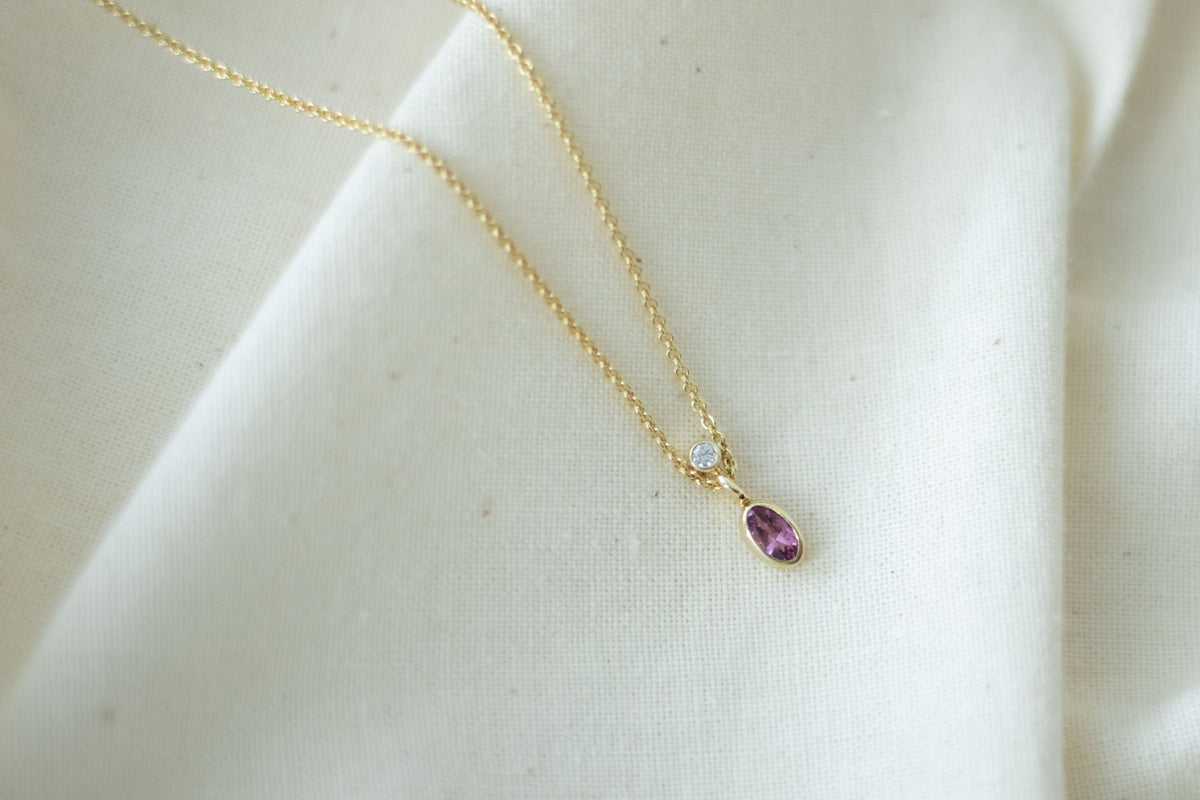 zarte Goldkette mit Rosa Turmalin und Brillant 585 oder 750 Gelbgold