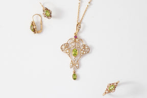 Jugendstil Collier mit Peridot und Perlen 925 Silber Rosé vergoldet