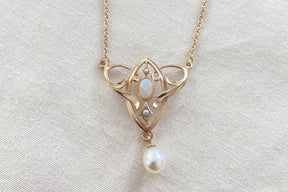 Außergewöhnliche Jugendstilkette mit Granat, Art Nouveau chain Silber Roségold vergoldet Collier mit Granat Edelstein Süßwasserperle Vintage