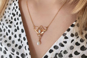 Außergewöhnliche Jugendstilkette mit Granat, Art Nouveau chain Silber Roségold vergoldet Collier mit Granat Edelstein Süßwasserperle Vintage