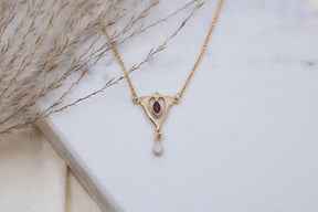 Außergewöhnliche Jugendstilkette, Art Nouveau chain, 925 Silber Rosegold vergoldet, Collier mit Opal und Granat Edelstein, Vintage