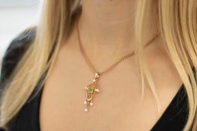 Außergewöhnliche Jugendstilkette, Art Nouveau Chain 585 Gelbgold mit Iolith, 14 Karat, Jugendstil Anhänger mit Brillanten, Perlen, Vintage